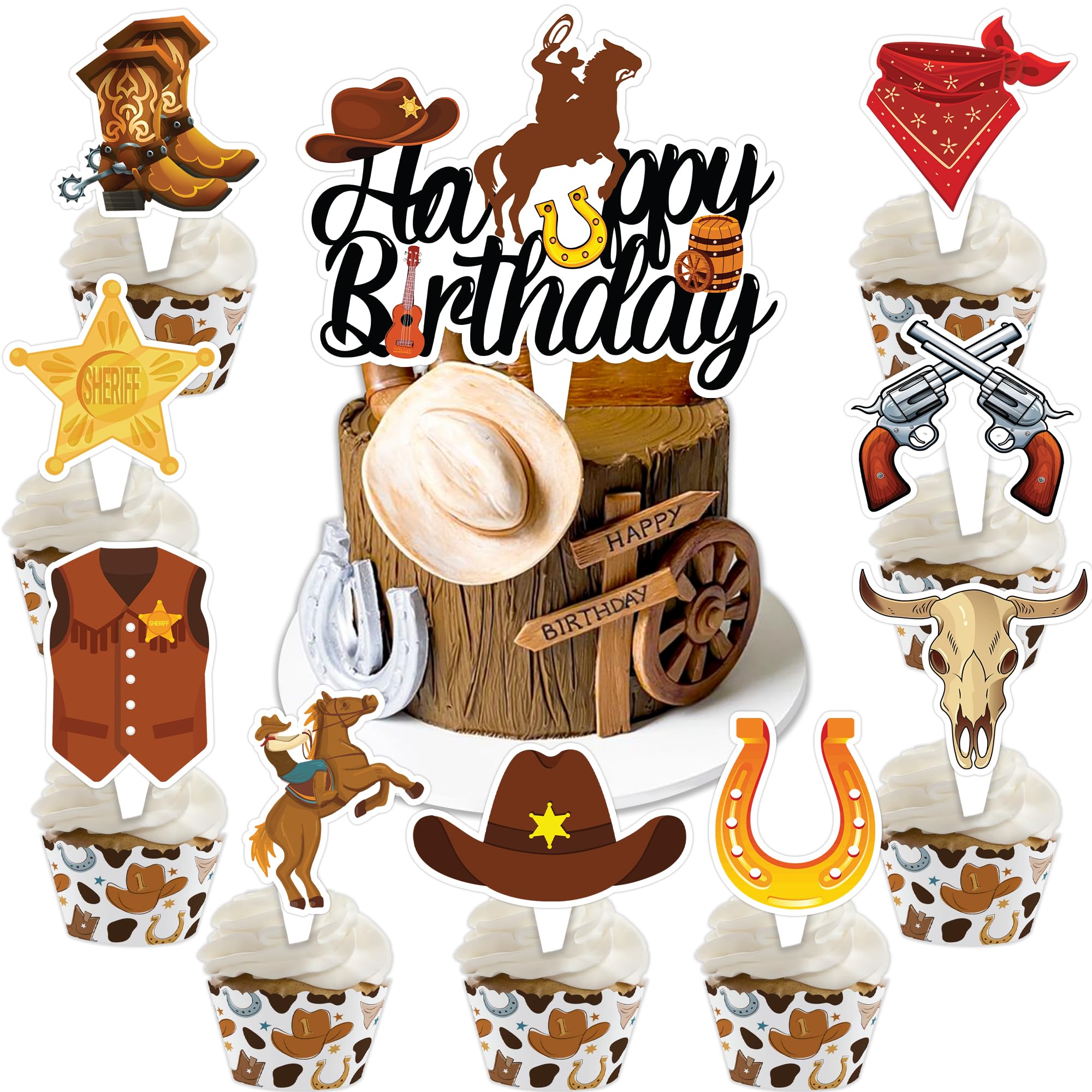 Cowboy Cake Topper Picks, 25 PCS Cowboy Western Cow Cupcake Toppers Cake Decorations First Rodeo Wild West Themed Birthday Party Supplies Favors Decor