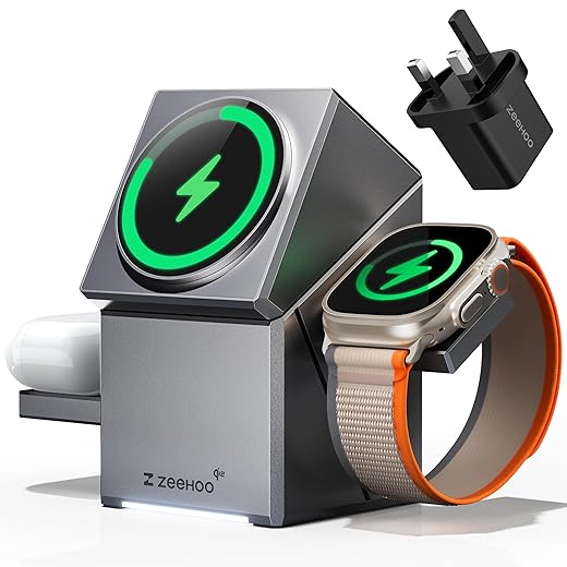 ZEEHOO 3 in 1 Wireless Charging Station, MagSafe Charger with Qi2 Certification, 15W Rotation Wireless Charger Stand for iPhone 16/15/14/13/12 Compatible Apple Watch,AirPods (Adapter Included)