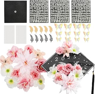 Nagobi Pink DIY Graduation Cap Decorations Kit, Flowers Grad Cap Decorations for 2025 Included Faux Flower Heads 3D Butterfly Rhinestones Stickers Alphabet Letter Stickers for Grad Party Craft Decor