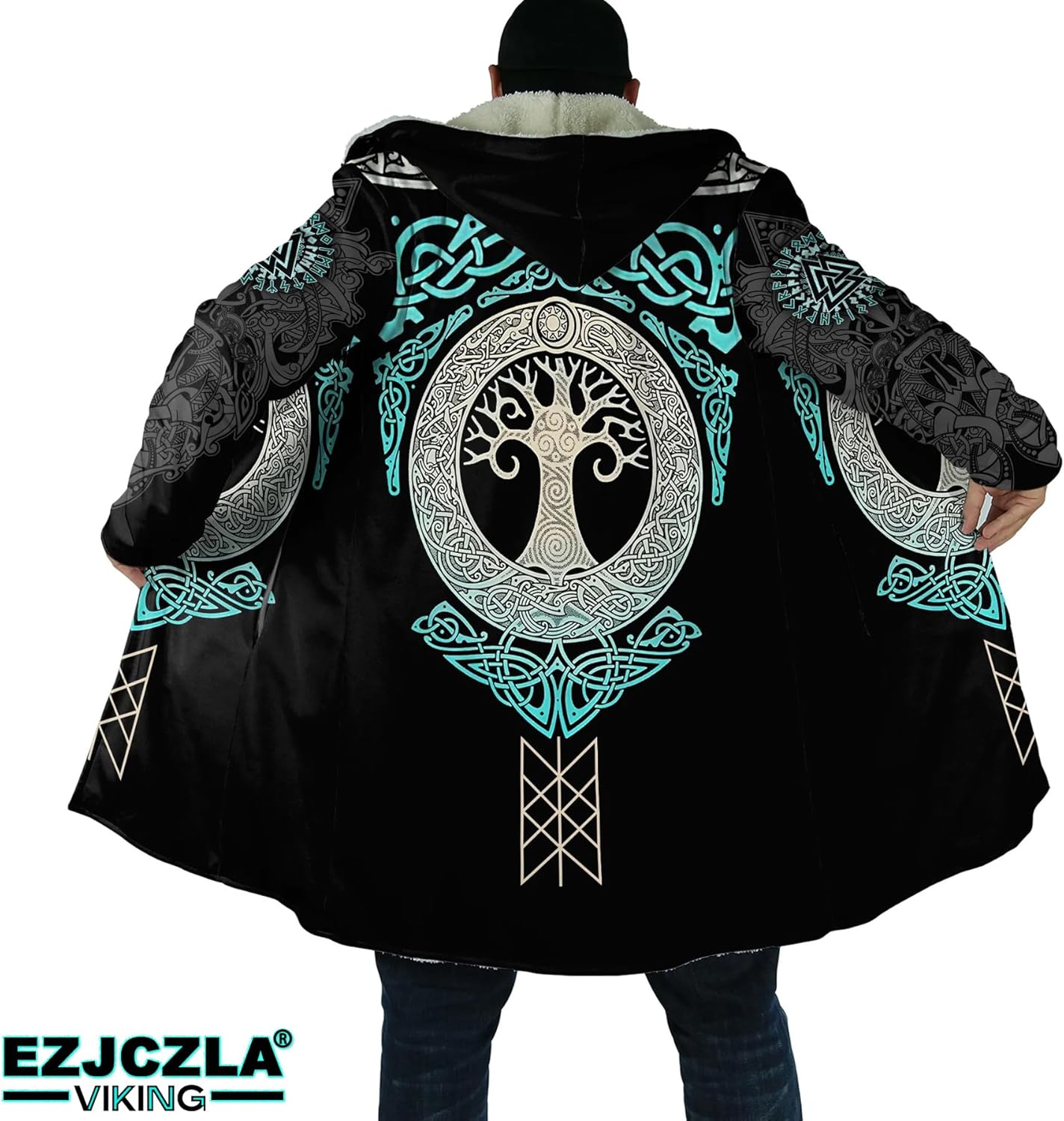 Norse Myth Nine Realms Winter Coats for Men Plus Size Viking Runes Fuzzy Soft Faux Cashmere Hooded Cloak, Parka Robe