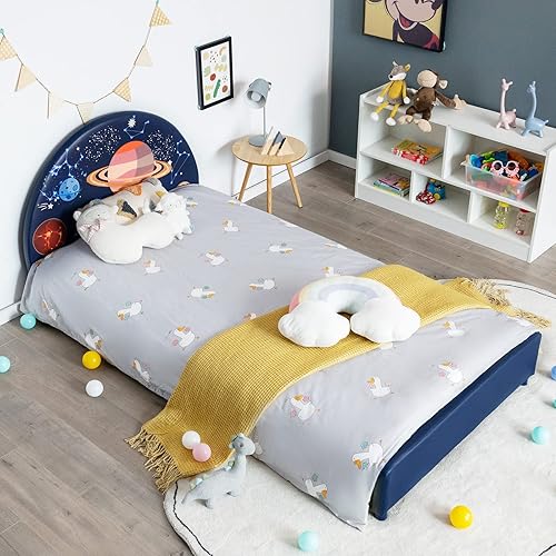 Miniatura 8 de Costzon Base de cama individual para niños, plataforma de cama individual tapizada de madera con soporte de listones, cabecera y estribo acolchados,