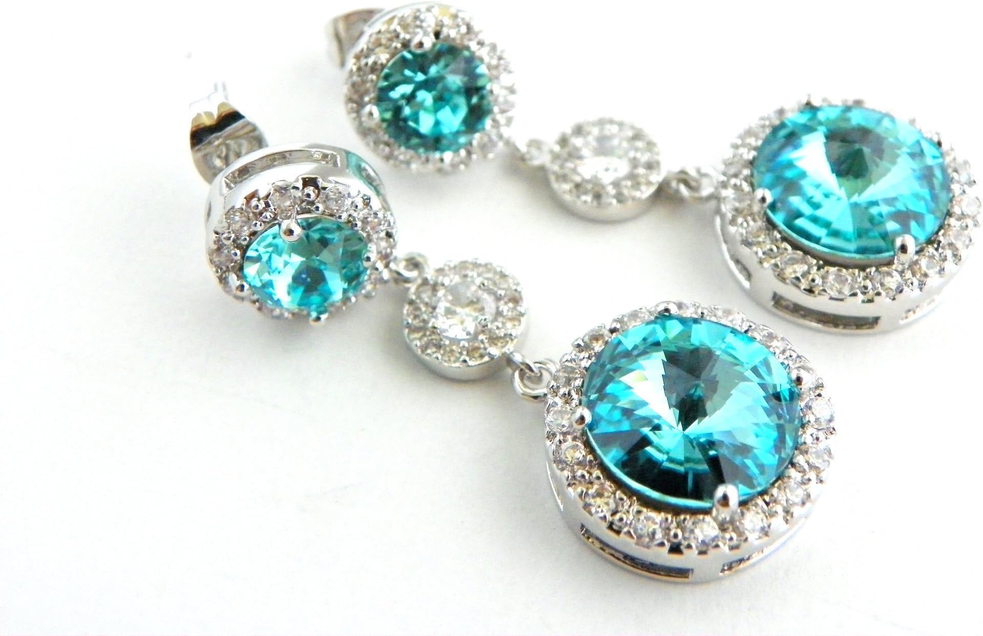 Aquamarine Bridal or Bridesmaid Wedding Earrings Light Blue Swarovski Crystal Jewelry Long Post Earings - Choose from Round or Oval Top