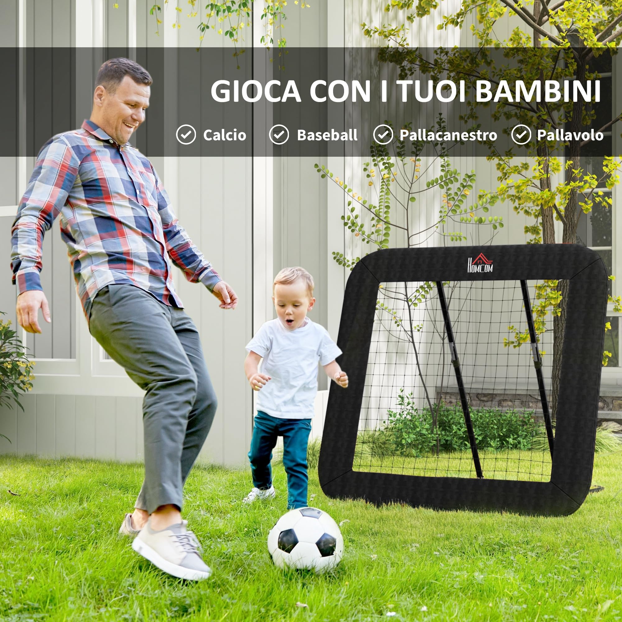HOMCOM Rebounder Pieghevole e Regolabile da Esterno per Calcio, Baseball e Pallavolo, Rete da Calcio in PE, Metallo e Tessuto Oxford, 128x118x108-120 cm, Nero