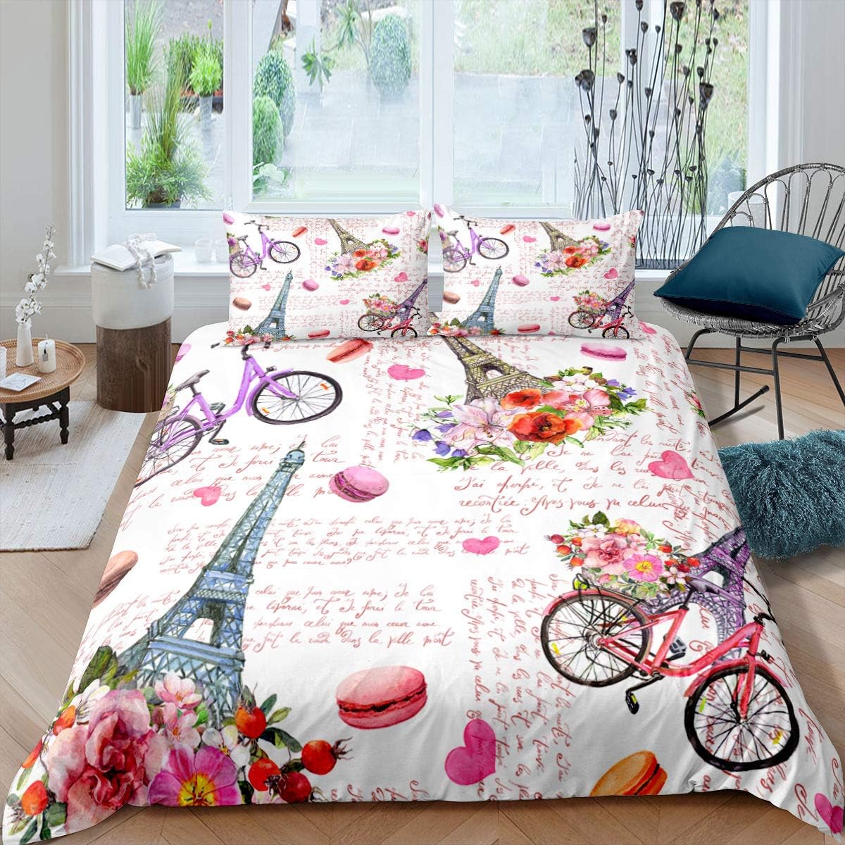 Erosebridal Eiffel Tower Comforter Cover Donut Dessert Duvet Cover Red Flower Blossom Petals Bedding Set Bicycle Romance Paris France Old Newspaper Style Quilt Cover, Pink 3 Pcs Queen Size M