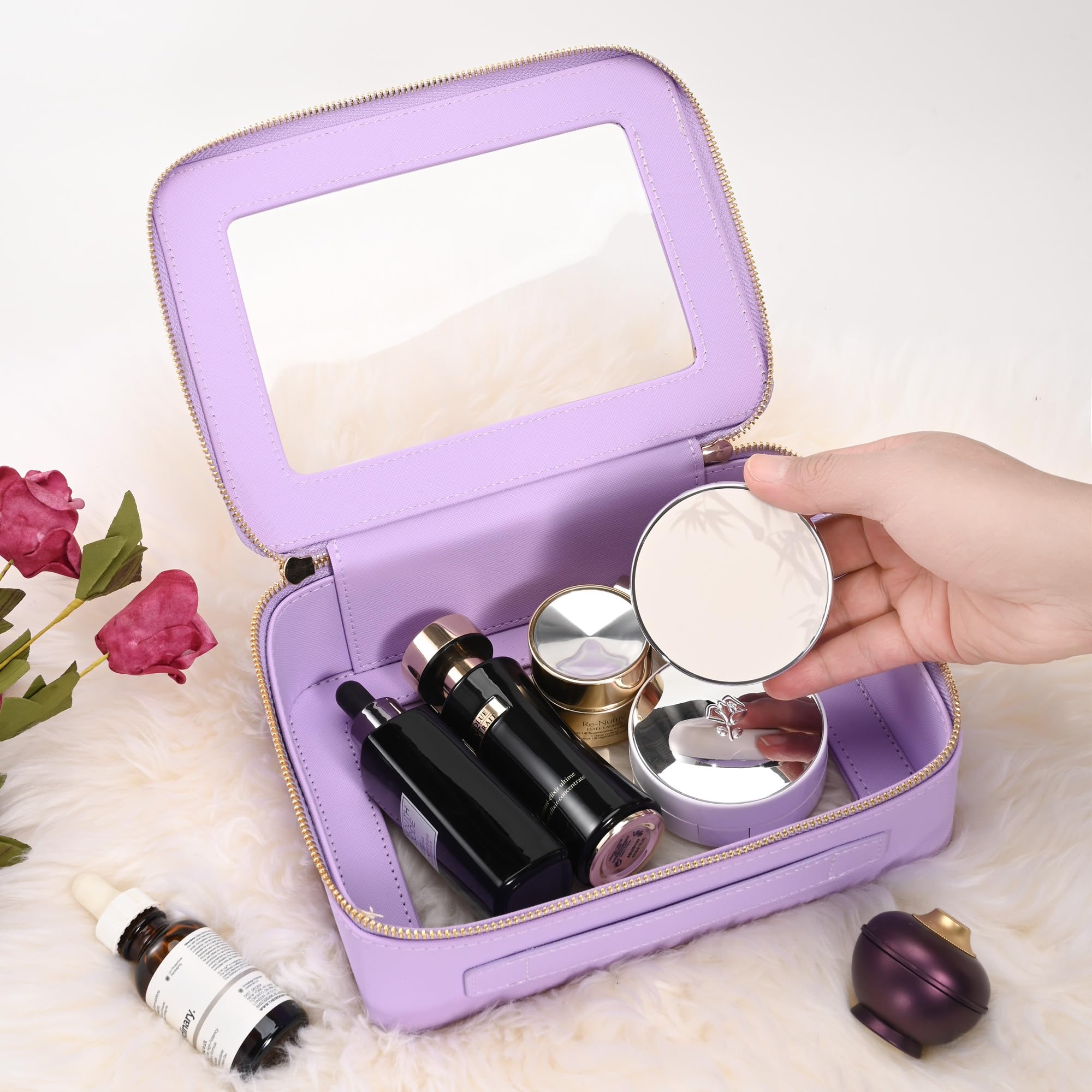 Aveniee Beauty case trasparente piccola, mini beauty case da viaggio organizer per cosmetici, approvato dalla TSA, custodia trasparente con cerniera, essenziale per auto per donne e uomini, Lilla