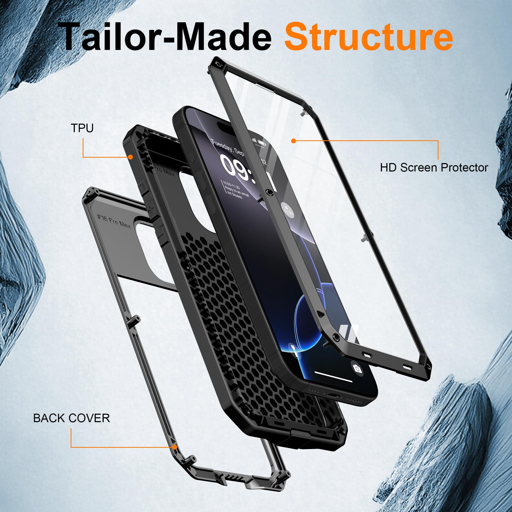 Ezanmull Carcasa De Metal Para IPhone 16 Pro Max – Resistente Al Agua IPX4, Con Protector De Pantalla Incluido, Blindaje Militar Contra Caídas – Protección 360°