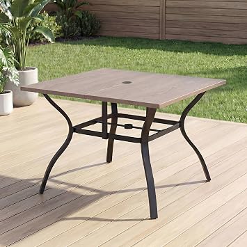 37.8x37.8 Metal Outdoor Dining Table for 4,Square Patio Dining Table with Adjustable Umbrella Hole,All-Weather Brown Outdoor Patio Table for Porch, Garden, Backyard, Poolside, Lawn