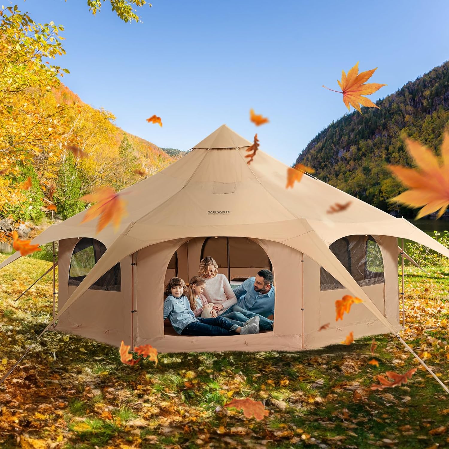 VEVOR Canvas Tent Bell, Yurt 4 Seasons for Camping with Stove Jack, Breathable Holds up to 4 People, Family Camping Outdoor Hunting Party