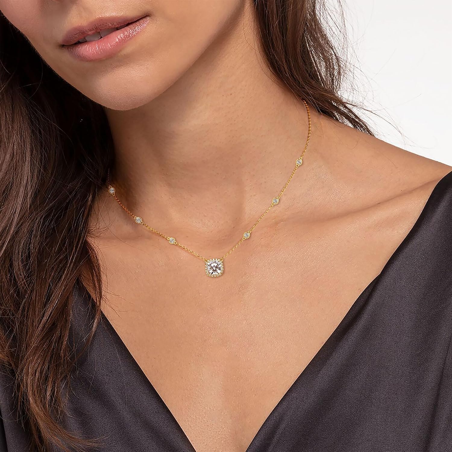 2.5CT Moissanite Pendant Necklace for Women, 8x8mm Cushion Cut D Color VVS1 Moissanite 925 Sterling Silver Dainty Halo Pendant for Mom, Wife, Lady Birthday Gifts