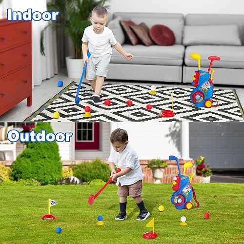 Miniatura 7 de Juego de golf para niños y niñas de 2, 3, 4, 5 años, carrito de golf mejorado para niños con 3 palos y 8 bolas, juguetes deportivos para interiores