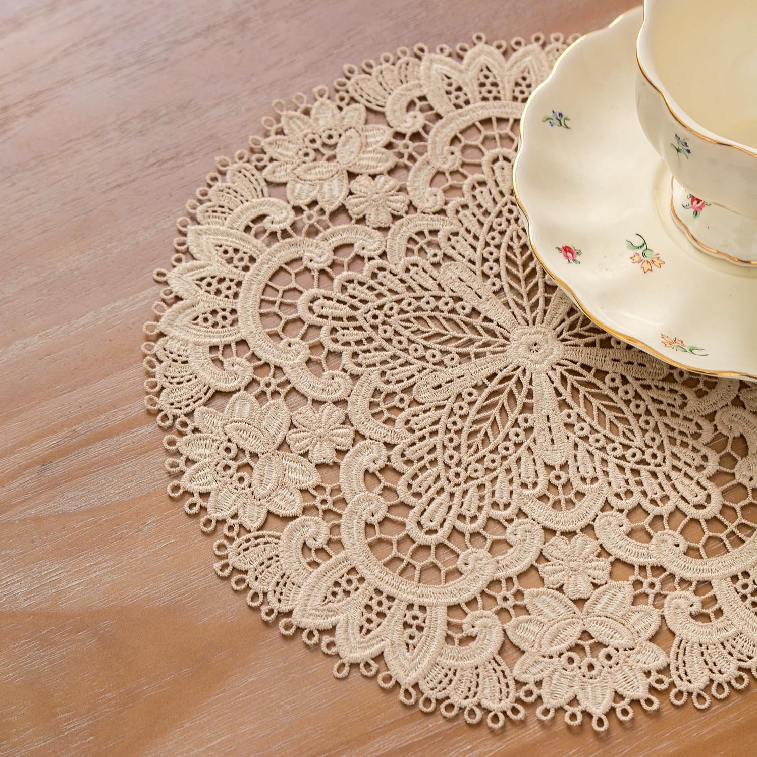 2Pack Round Lace Placemats for Dining Table,11 inch Diameter Delicate Floret Embroidered Lace Doilies vase mat for Christmas Daily Use, Washabl (Light Brown 11")