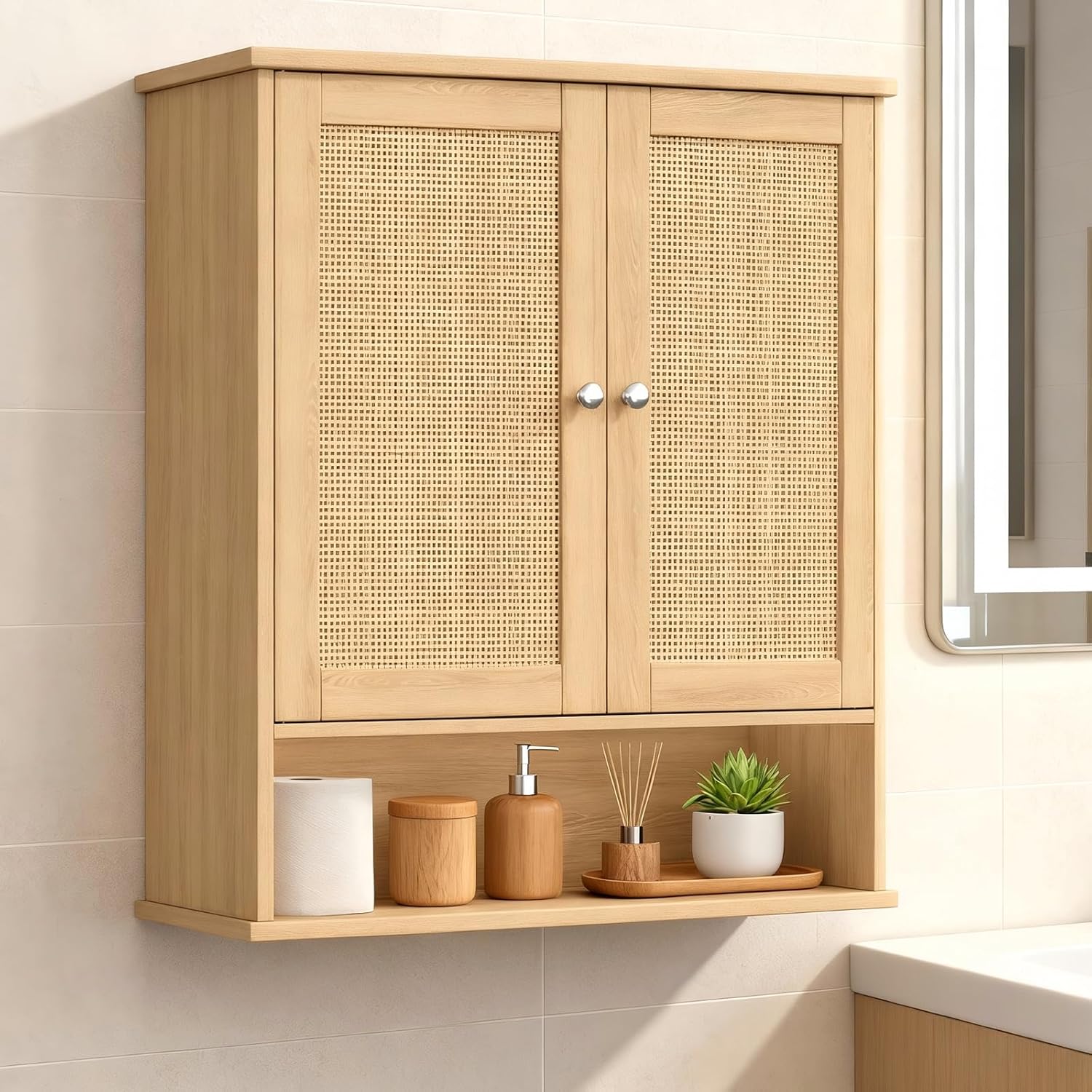 Reettic Rattan Bathroom Wall Cabinet with Doors, Boho Medicine Cabinet with Adjustable Shelf, Over The Toilet Storage Cabinets Organizer for Bathroom, Kitchen, Entryway, Natural 23.6 x 7.9 x 27.6 in