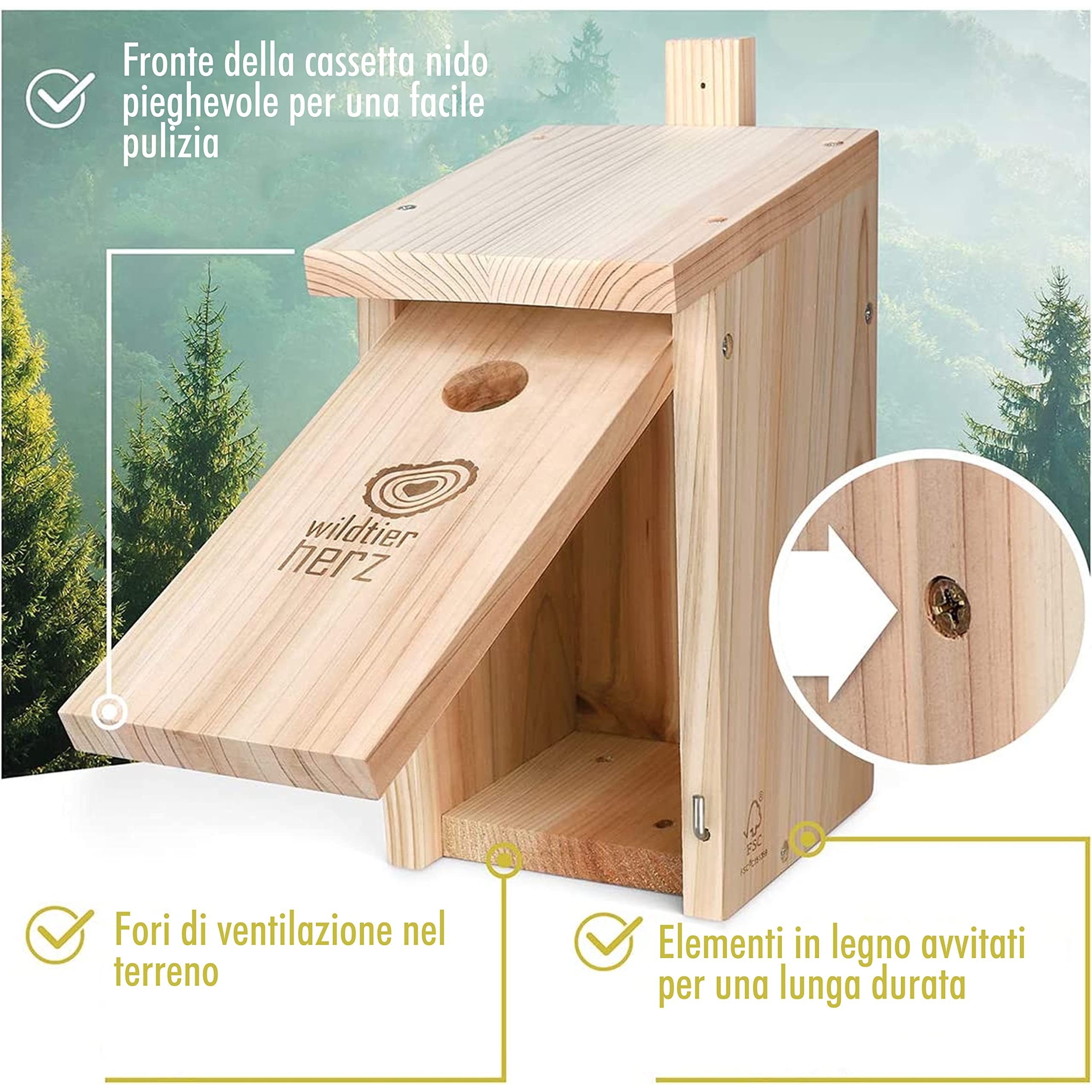 Wildtier Herz | Casetta per Uccellini da Esterno per Cinciallegre e Uccellini Simili – Resistente alle Intemperie – In Legno Massello Naturale - Dimensioni Esterne: 32x25x19 cm, Interne: 12x12 cm