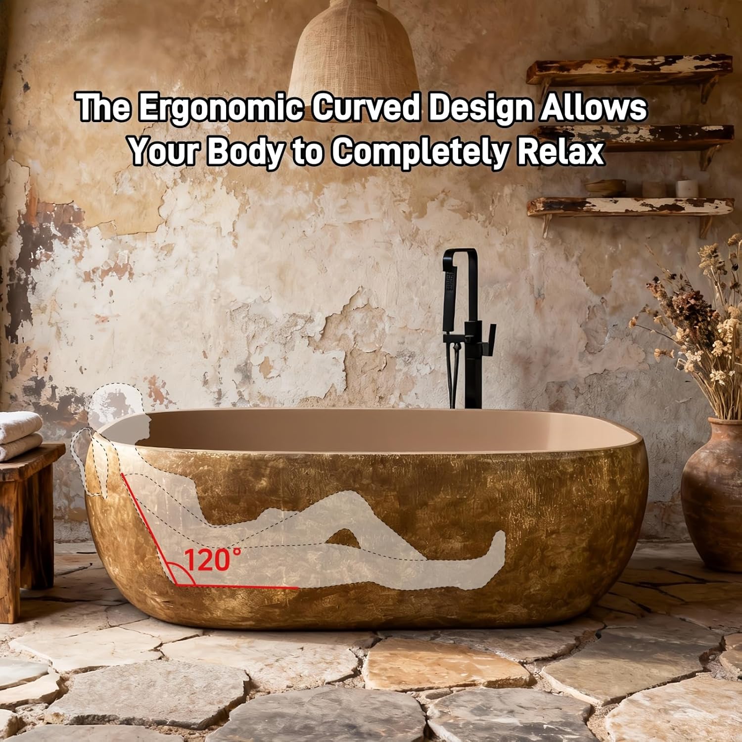 71" Edeyeu Freestanding Bathtub - Modern Designer Solid Surface Bathtub Soaking Tub With Extra Deep Ergonomic High Back, Luxury Stone Texture Free Standing Tub, Artistic Style