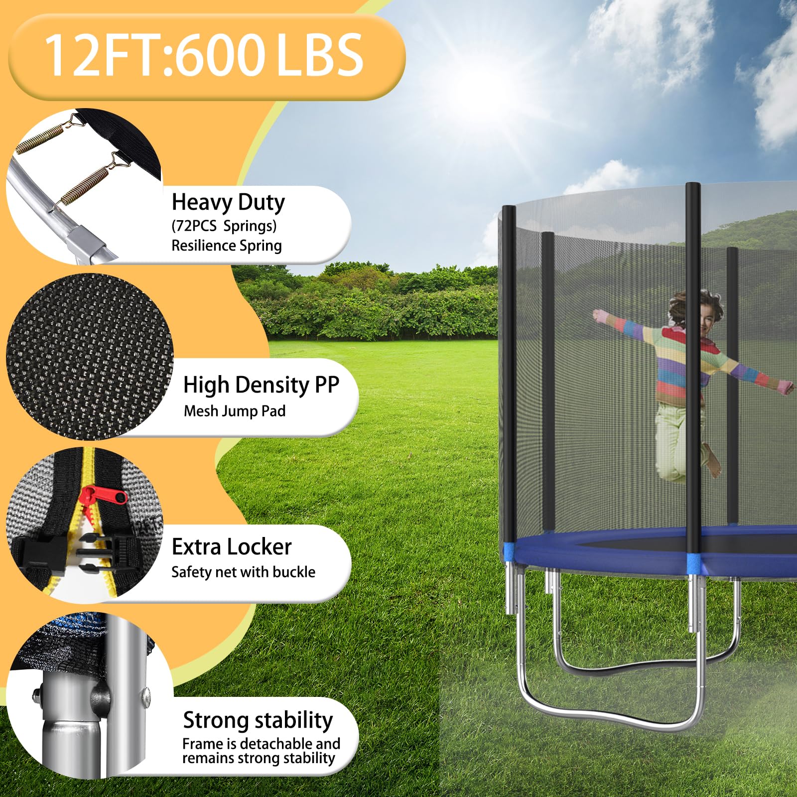 Trampolino da esterno per bambini 305 366 cm, impermeabile, design rinforzato, scala di sicurezza, capacità di carico 200-280 kg, include canestro da basket per attività ricreative in giardino