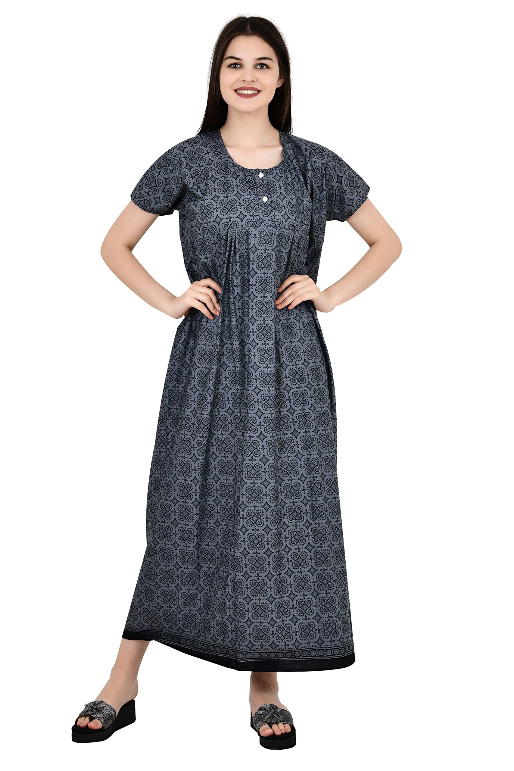 Monal Printed Jaipuri Cotton Maxi Nightdress Nightgown for Women Size Up to 42 Inch