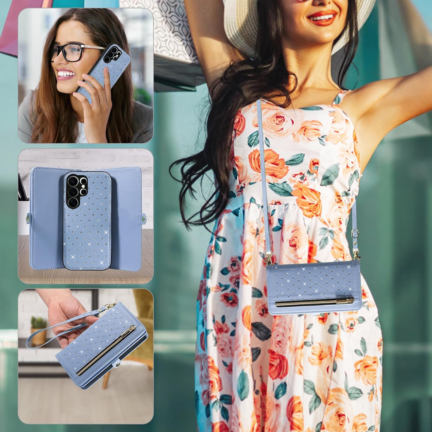Phone Case for Samsung Galaxy S26 Ultra 5G Zipper Wallet Detachable Cell Cover with Screen Protector Crossbody Strap Bling Flip Credit Card Holder S26Ultra 26S S 26 26Ultra 6.9 2026 Women Light Blue