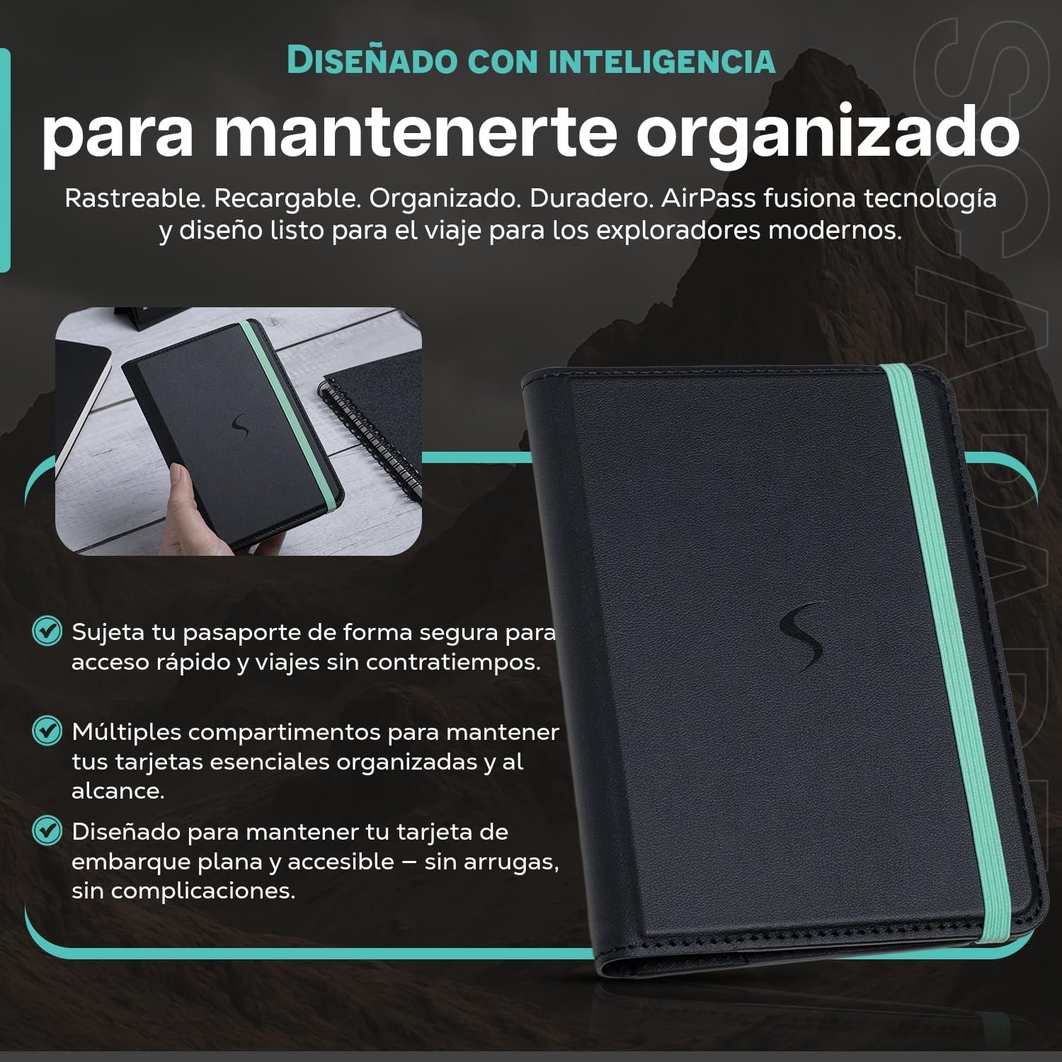 SCAPADE AirPass - Cartera para pasaporte rastreable, funciona con Apple Find My, batería recargable (5-6 meses), 3 ranuras para tarjetas, no necesita aplicación, elegante funda de viaje para usuarios