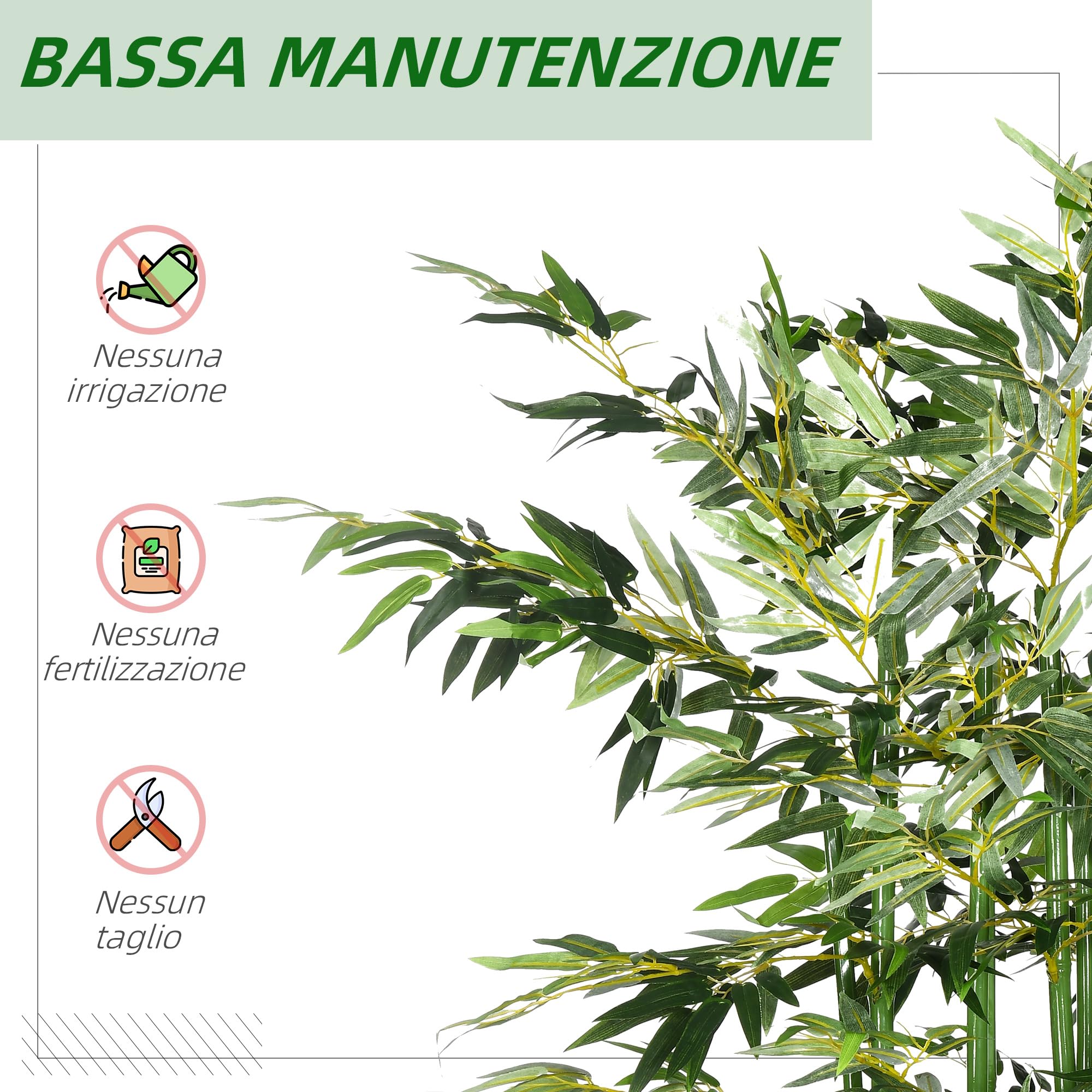 HOMCOM Pianta di Bambù Artificiale Alta 180 cm da 1640 Foglie, Pianta Finta da Interno con Vaso in Legno di Pino, per Esterno, Giardino, Casa, 35x10x10 cm, Verde