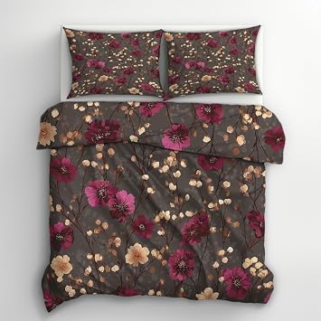 Moody Floral Duvet Cover Queen Size | Burgundy Flower Bedding Set | 3 Piece | Soft Microfiber Patterned Comforter Cover with Zipper Ties & 2 Pillowcases | Vintage Botanical Bedroom Decor #S900