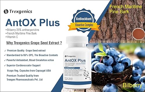 Miniatura 4 de Trexgenics ANTOX PLUS Arándano 25% antocianidinas 200 mg, corteza de pino 90% proantocianidinas 200 mg y vitamina C 250 mg Complejo antioxidante