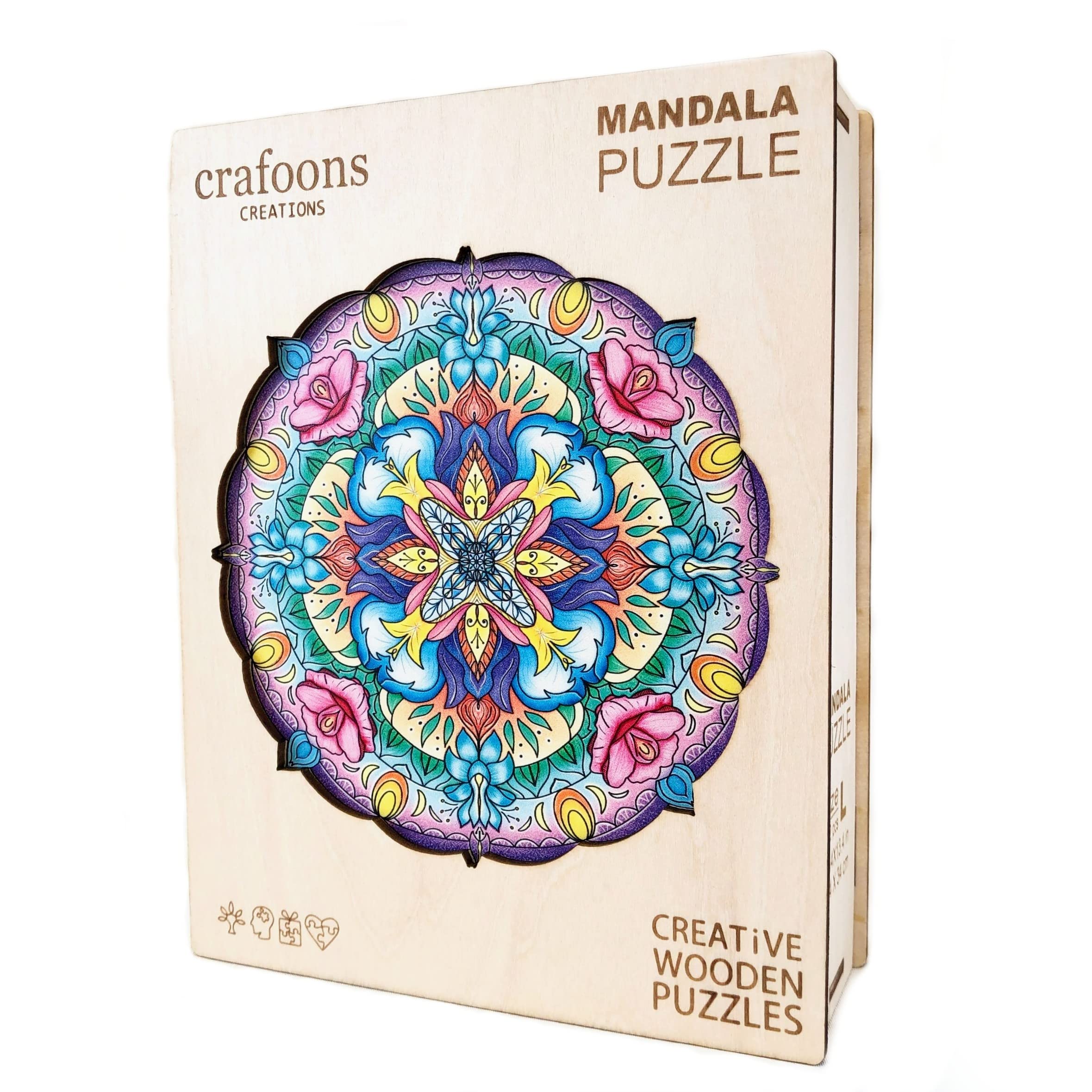 Wooden Jigsaw Puzzle for Adults by Crafoon Creations - 222 Pieces - Unique Shapes, Thick and Colourful Design - Mandala Puzzle