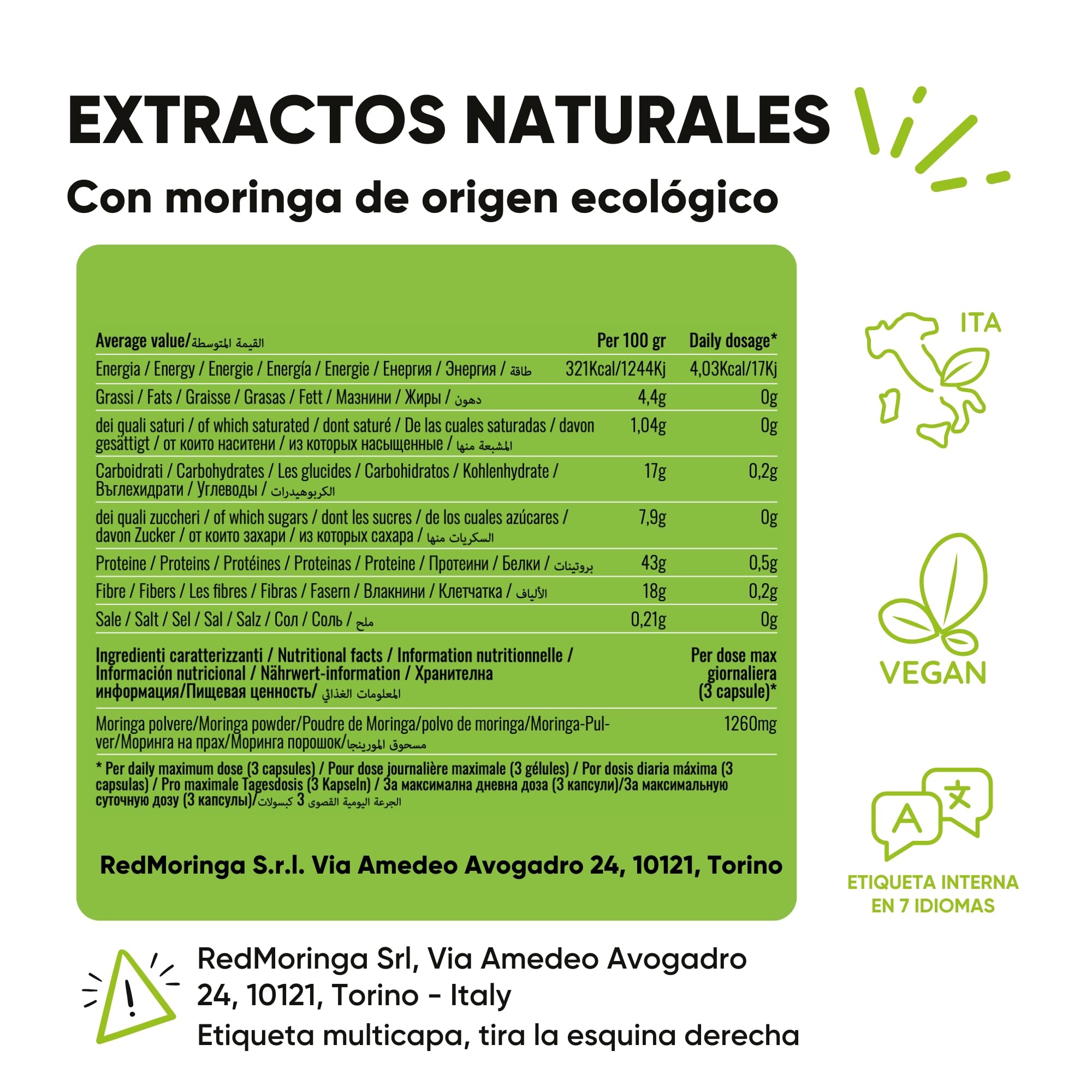 RedMoringa Moringa Oleifera Bio | Moringa Cápsulas Pura 100% Natural | Cápsulas Vegetales | Superalimento para Digestión y Metabolismo de Grasas | 270 Cápsulas Made in Italy