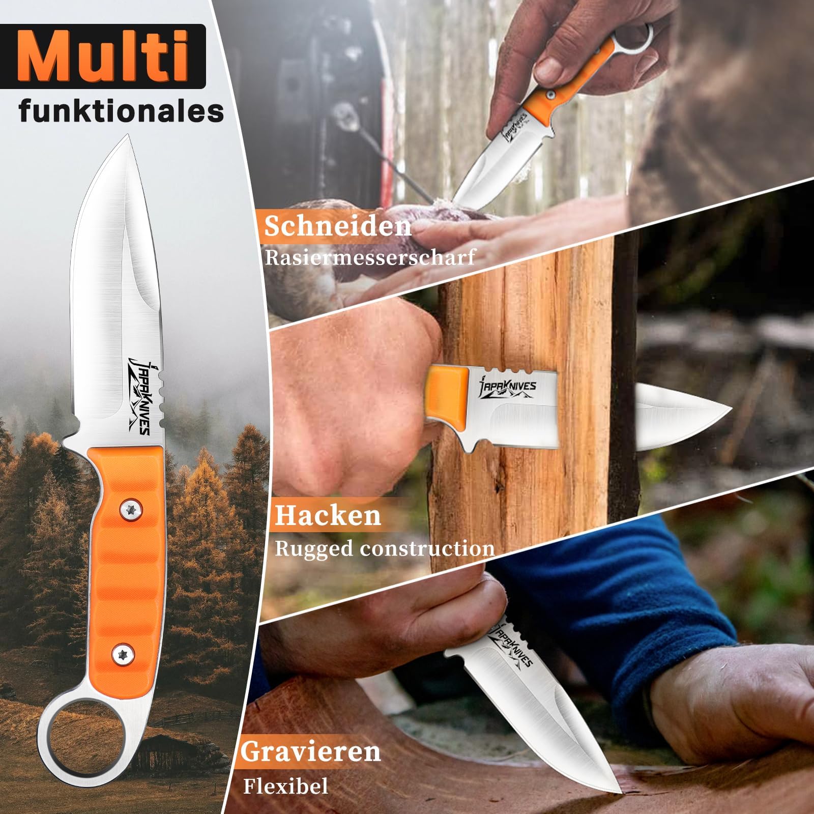 Japaknives Klein Outdoor Messer Feststehende Klinge 9cm Survival Messer G10 Griff Campingmesser für Angeln Bushcraft Wandern Orange