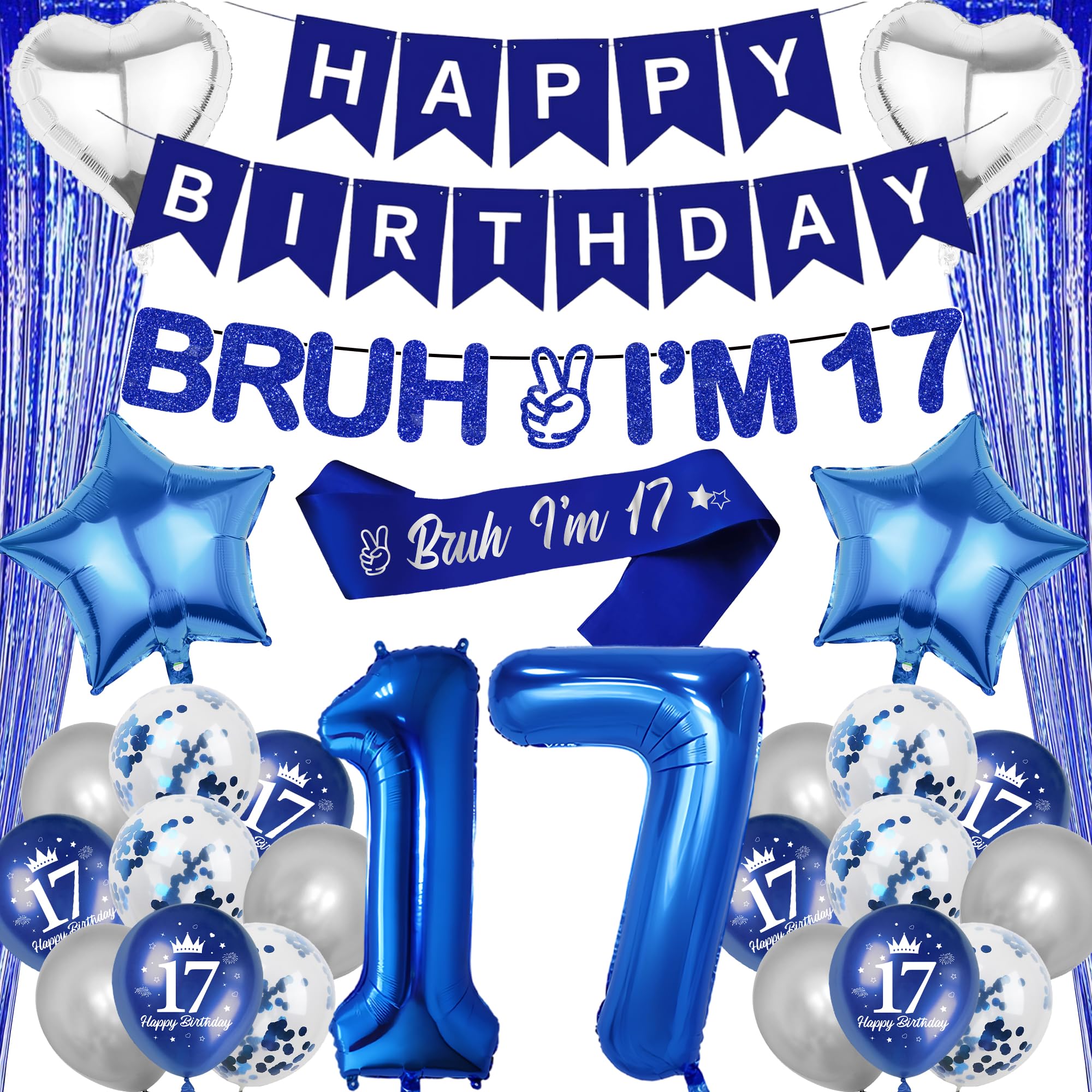 17th Birthday Decorations Balloons Boys - 28 Pcs Blue Silver Happy Birthday Banner Decorations Bruh I'M 17 Banners Strap Curtain Backdrop Foil Balloons for 17 Year Old Boy Party Decoration Supplies