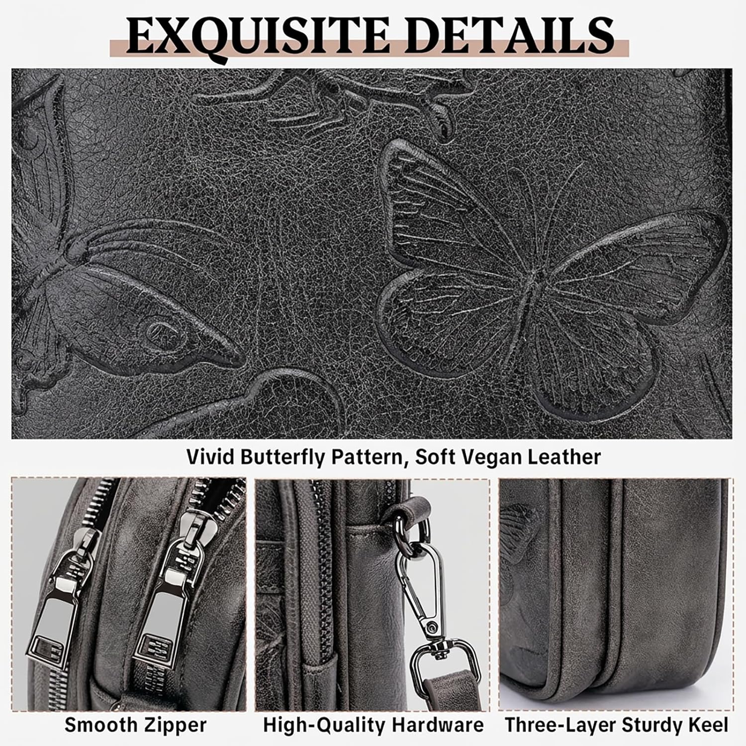 BELTANA Small Crossbody Bags for Women, Butterfly Vegan Leather Cell Phone Bag Trendy Wallet Purse with RFID Card Slots | Triple compartment, Adjustable strap, Smooth zipper, Gifts for women - Image 6