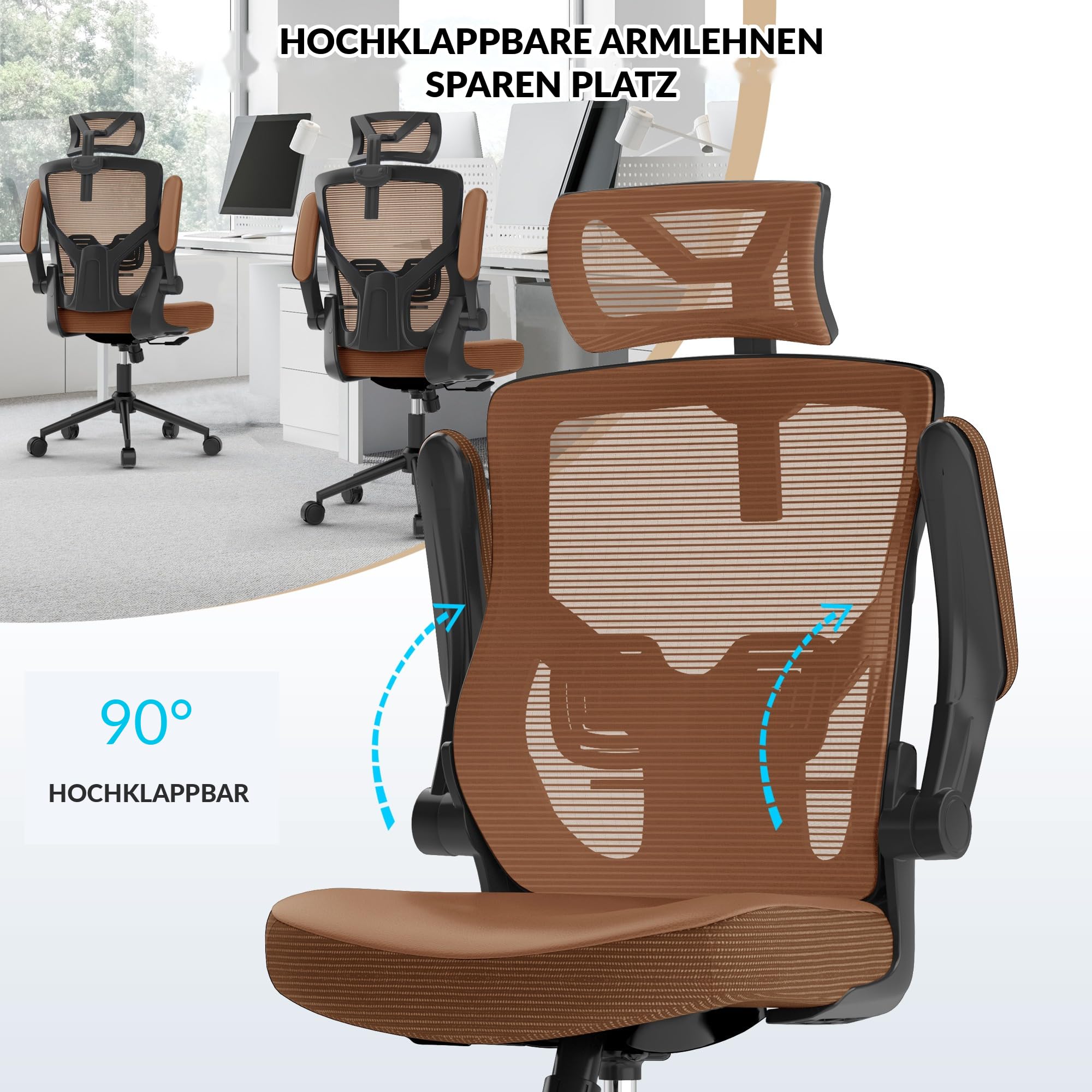 CYKOV Bürostuhl Ergonomisch Homeoffice, Wasserfall-Sitz 8h+ Rückenstütze | 4-fach Wippmechanik 90°-135°, Klappbare Armlehnen, SGS-Zertifiziert 150kg, 15cm+60° Verstellbare Kopfstütze, 5 Jahre Garantie