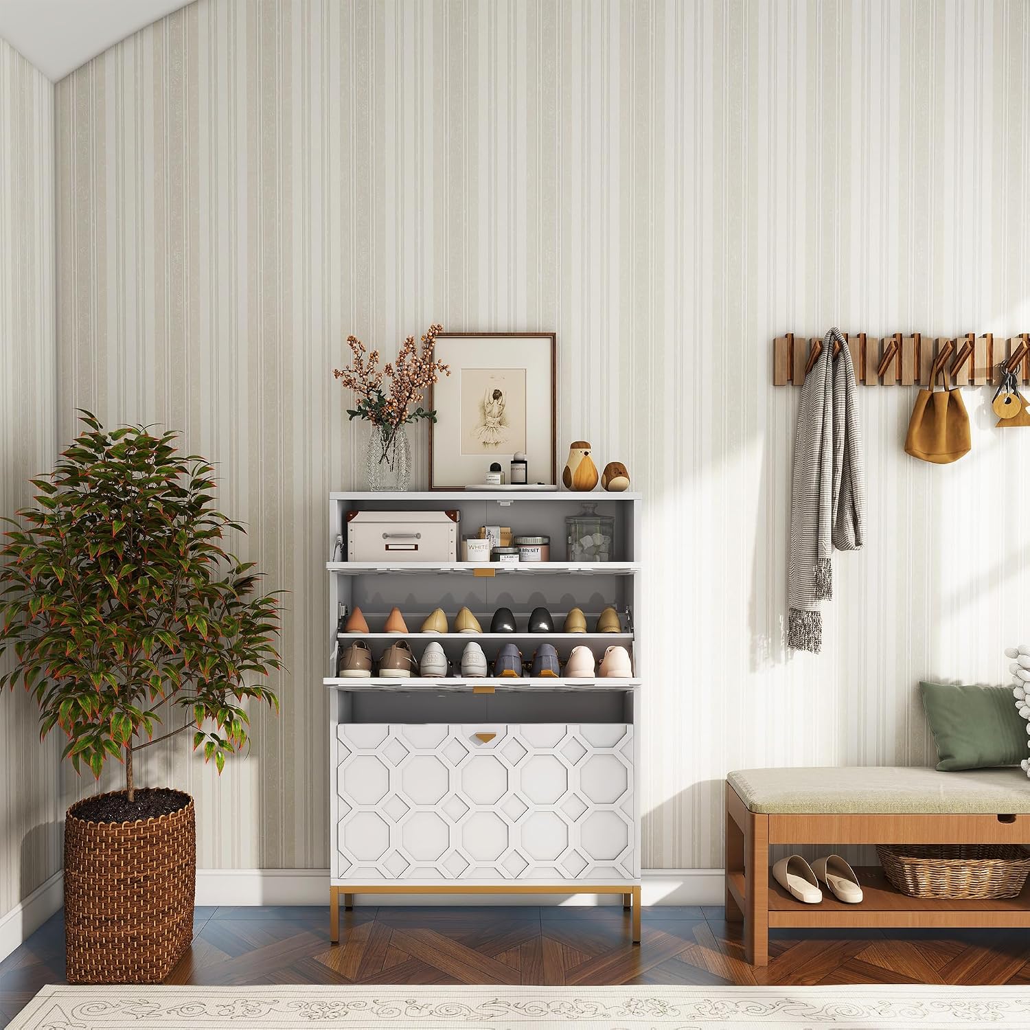 Clihome Shoe Storage Cabinet with Drawers, Freestanding Shoe Rack Storage Organizer with 3 Flip Drawers for Entryway Hallway Mudroom Bedroom White