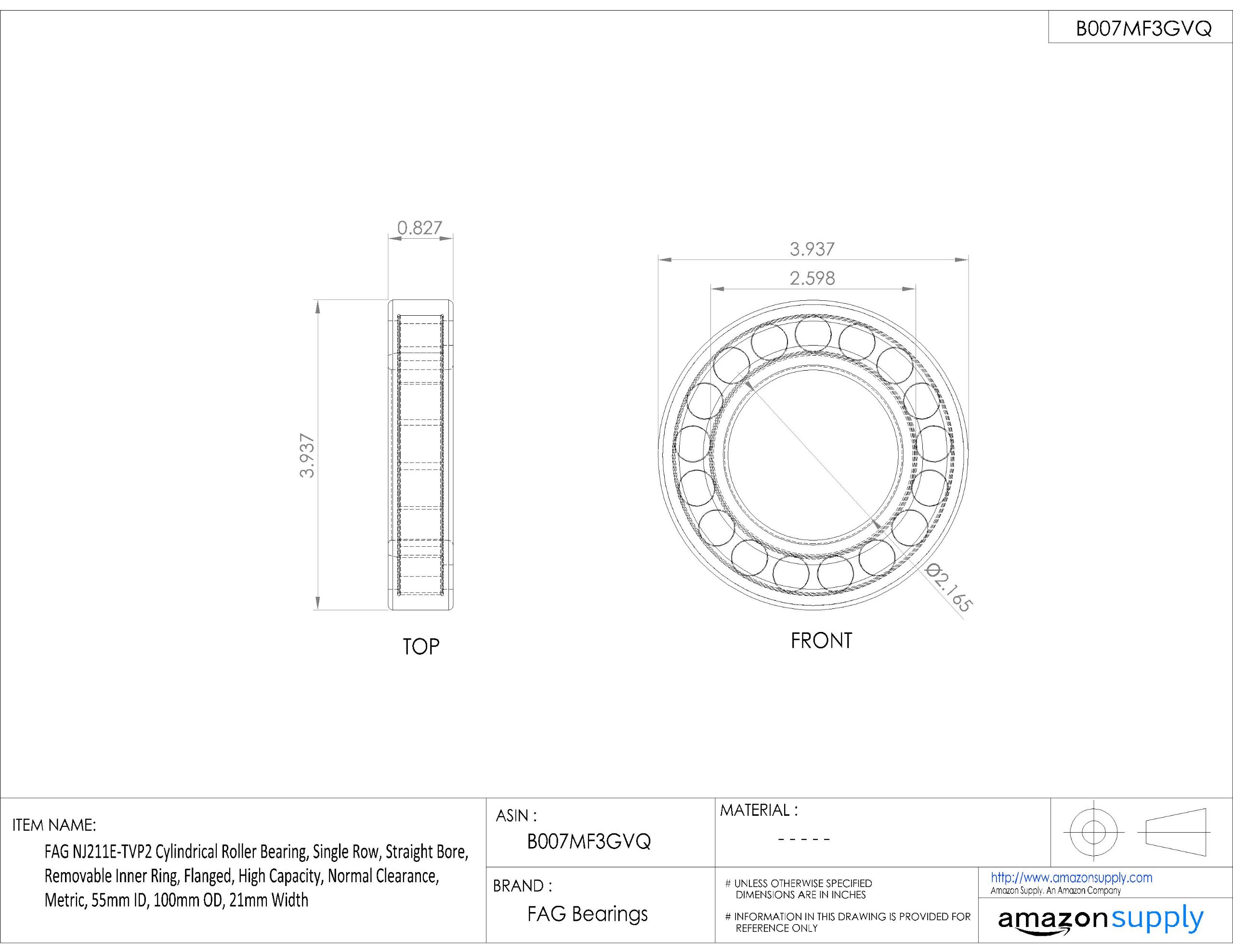 FAG NJ211E-TVP2 Roulement à rouleaux cylindrique, rangée unique, alésage droit, bague intérieure amovible, bride, haute capacité, dégagement normal, métrique, diamètre intérieur 55 mm, diamètre extérieur 100 mm, largeur 21 mm