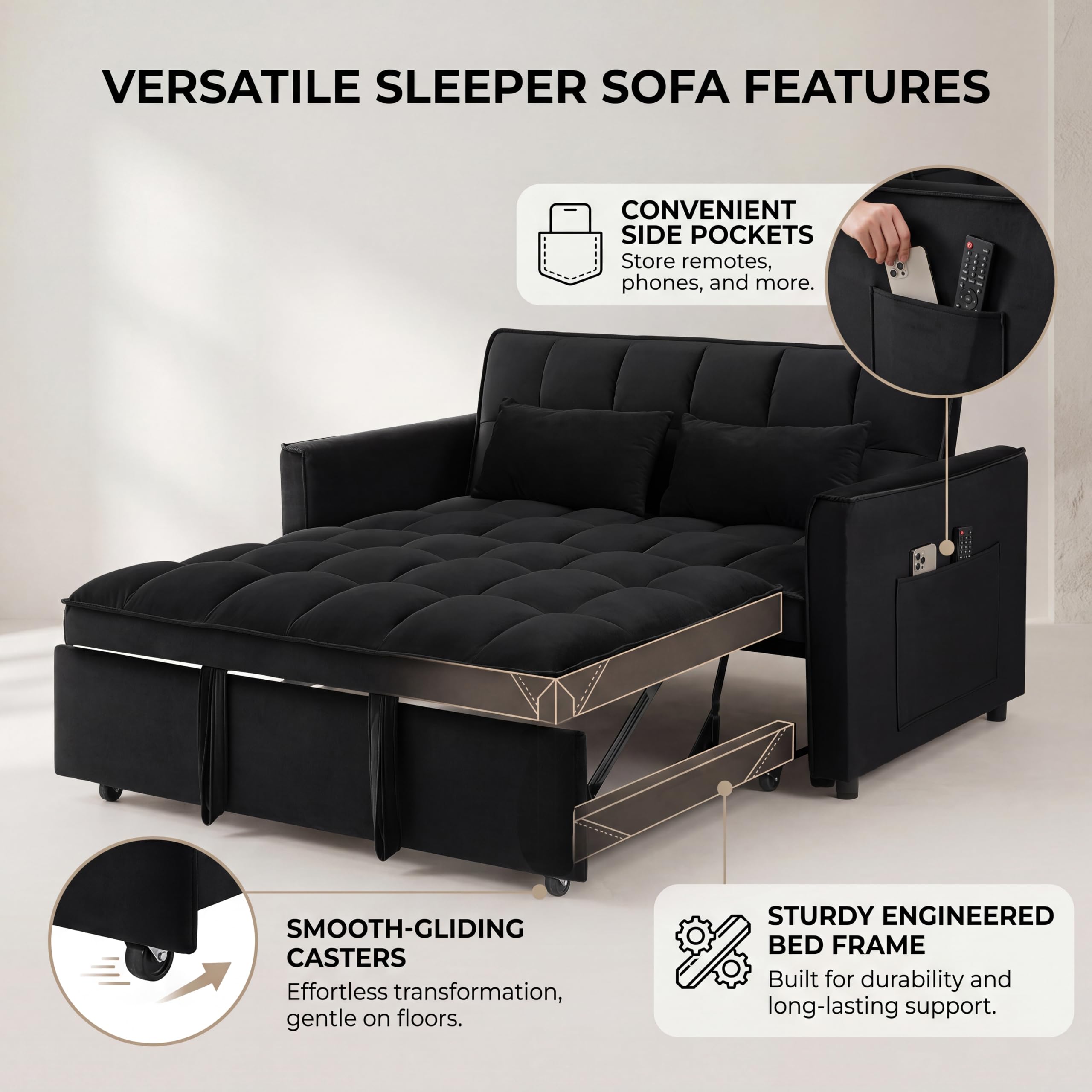 3 in 1 Convertible Sleeper Sofa Bed, 54'' Full Size Velvet Pull Out Futon Couch Recliner with Reclining Backrest & 2 Pillows, Small Loveseat Lounge Couches for Small Spaces (Black)