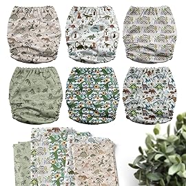 Mama Koala 3.0 Pocket Cloth Diapers for Babies with AWJ Lining, 6 Pack with 6 4-Layer Natural Cloth Diaper Inserts - Reusable and Washable Pocket Diapers(Cute Dinosaurs)