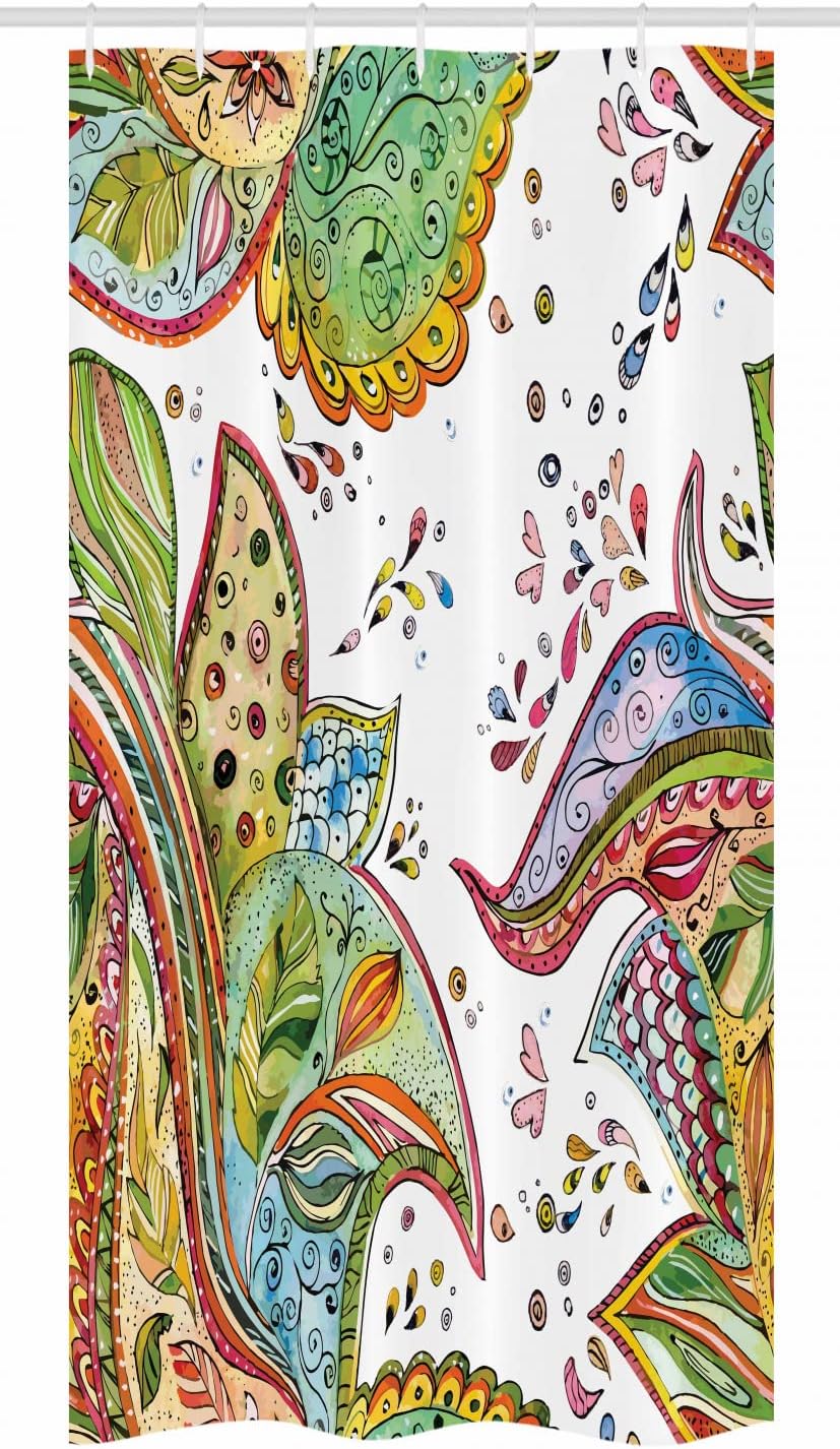 Ambesonne Grunge Stall Shower Curtain, Patterns of Leaves Flowers and Heart Shapes in Abstract Garden Theme Art Print, Fabric Bathroom Decor Set with Hooks, 36" W x 72" L, Green Orange