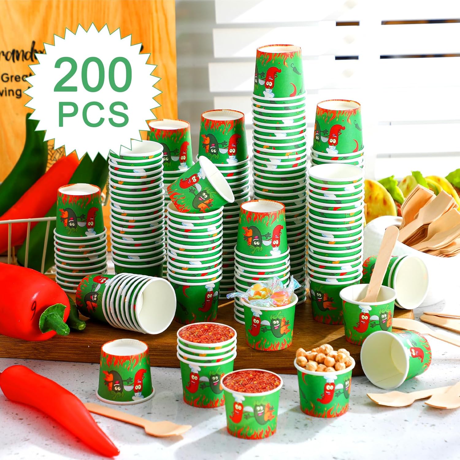 Teenyyou 400 Pcs Chili Cook off Tasting Cups Set, 200 Pcs 2 oz Mini Chili Cookoff Paper Cups and 200 Wooden Spoons Pepper Cook off Party Decorations for Competition Prize Party Cooking Supplies(Green)