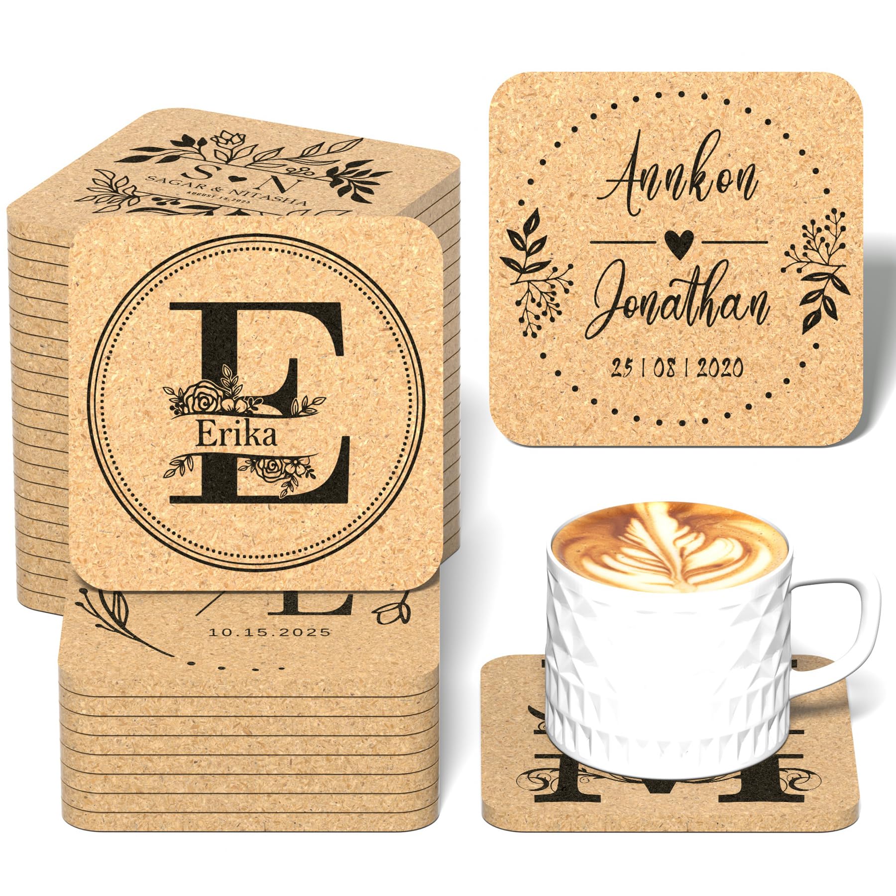 Shueewago 30-100 Pack Personalised Cork Coasters for Drinks, 4" Round Wedding Favours, Personalized Coasters for Guests, Personalized Coasters Bulk with Laser Engraved Image or Logo,