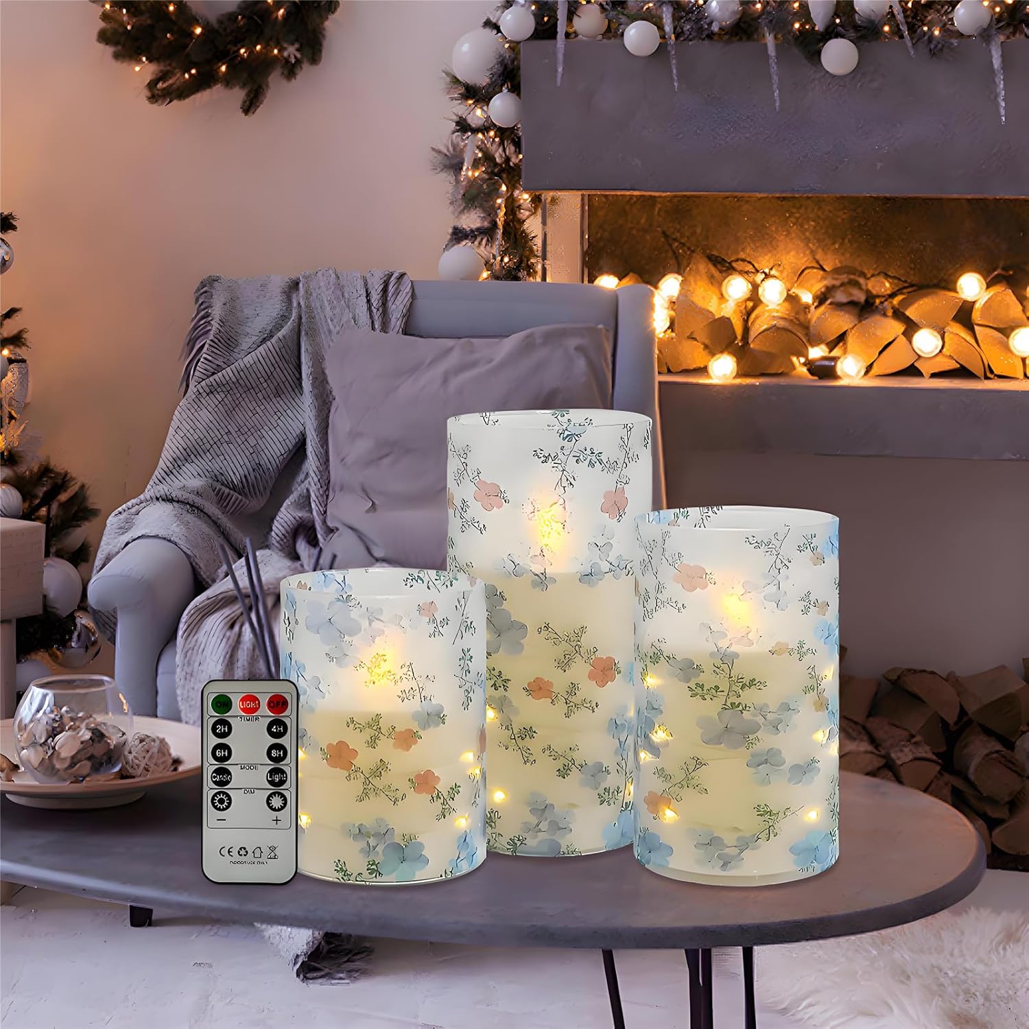 Printed Flameless Candles with String Lights - Set of 3 Battery Operated Candle Flickering Floral LED Pillar Candles with Timer Remote for Home Decor Romantic Ambiance,LT