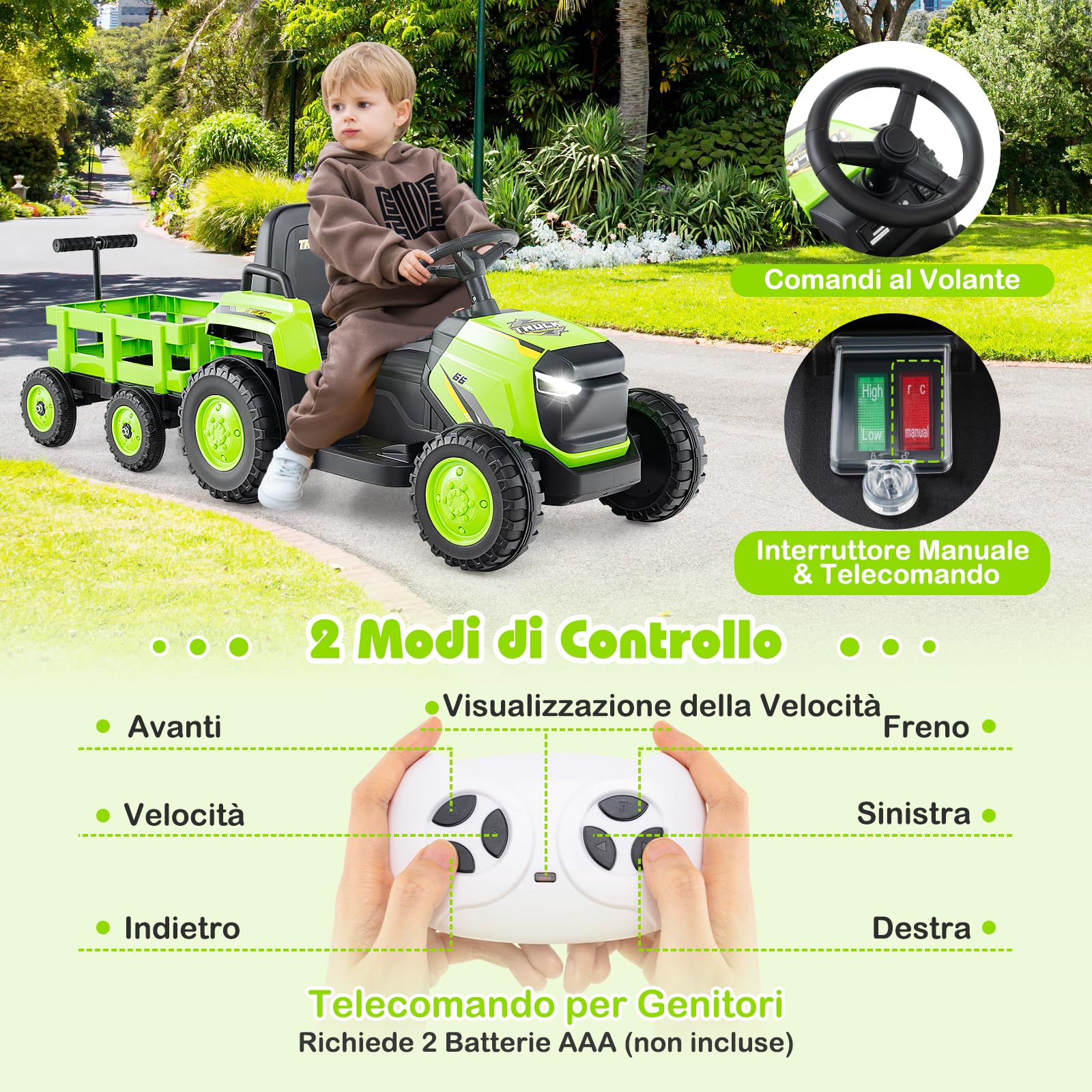 RELAX4LIFE Trattore Elettrica per Bambini 12V con Rimorchio Staccabile, Telecomando e Funzione di Avvio e Arresto Lento, Luci LED e Clacson per Bambini 3 Anni+ (VERDE)