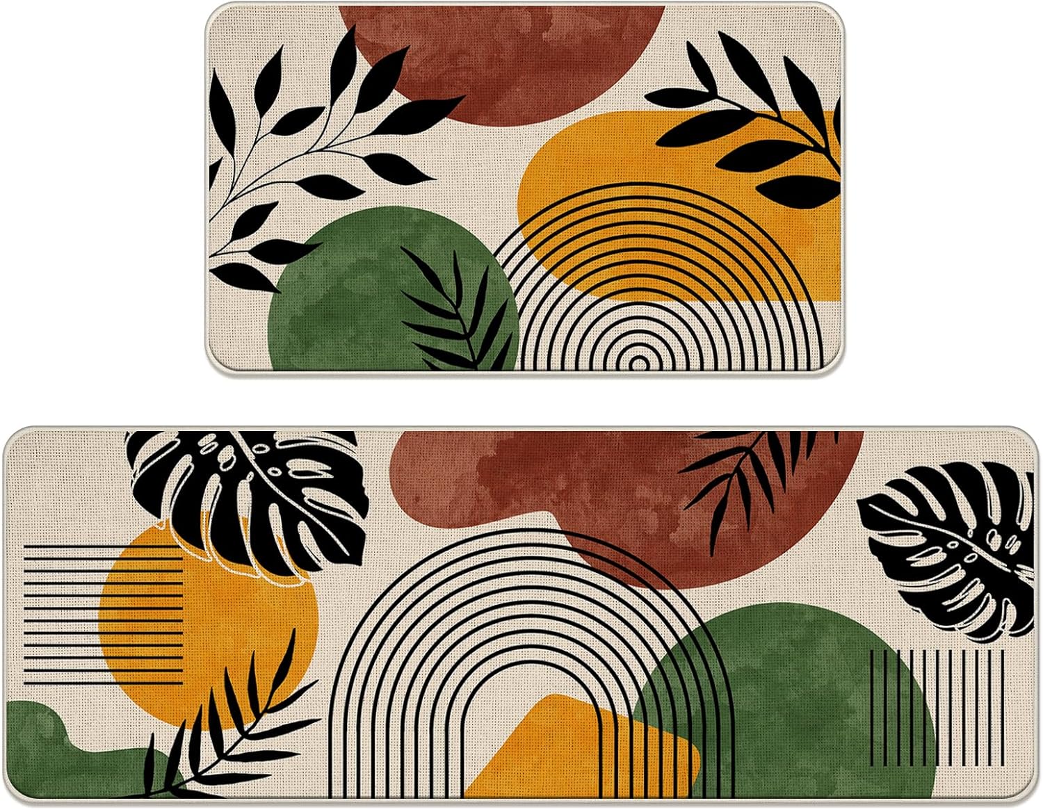 Boho Kitchen Rugs Set of 2, Bohemian Abstract Sun Rainbow Plant Floor Mats Home Decor, Farmhouse Palm Leaves Monstera Door Mat Decorations - 17x29 and 17x47 Inches