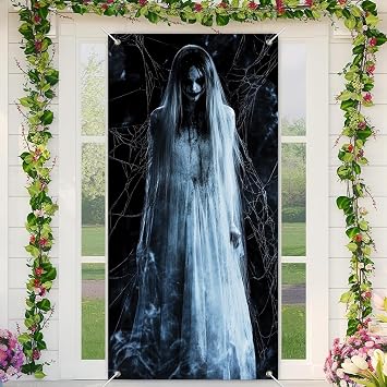 BlissYard Halloween Door Cover 71x35 Inch Front Porch Door Banners Decoration Spooky Ghost Spider Web Fall