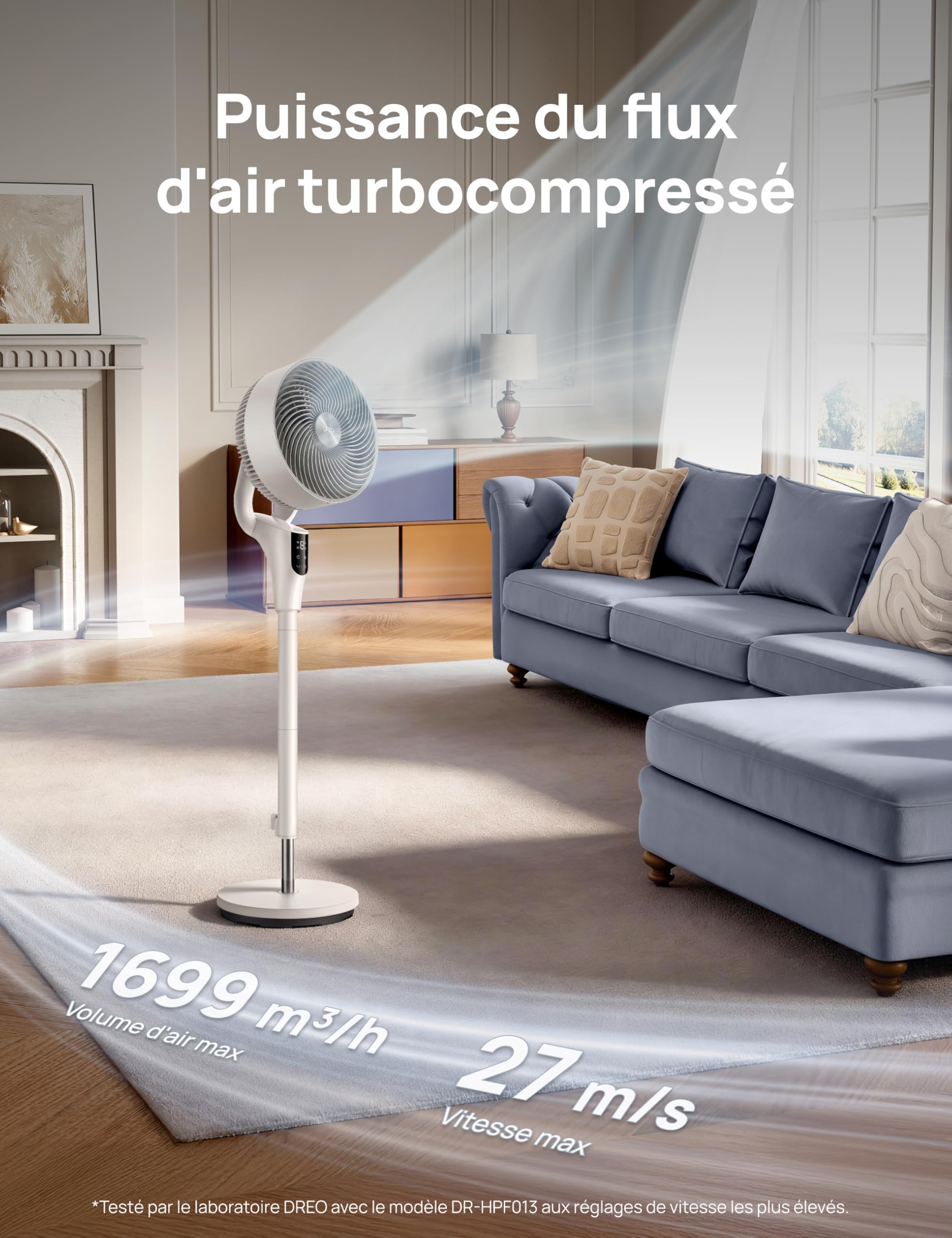 DREO Ventilateur sur Pied Silencieux pour Chambre [Amélioré], Flux d’Air 27m, 20dB, Oscillation 90°, Moteur DC, 8 Vitesses, 3 Modes, Hauteur 96–106 cm, Minuterie 8H, Inclinaison 105°
