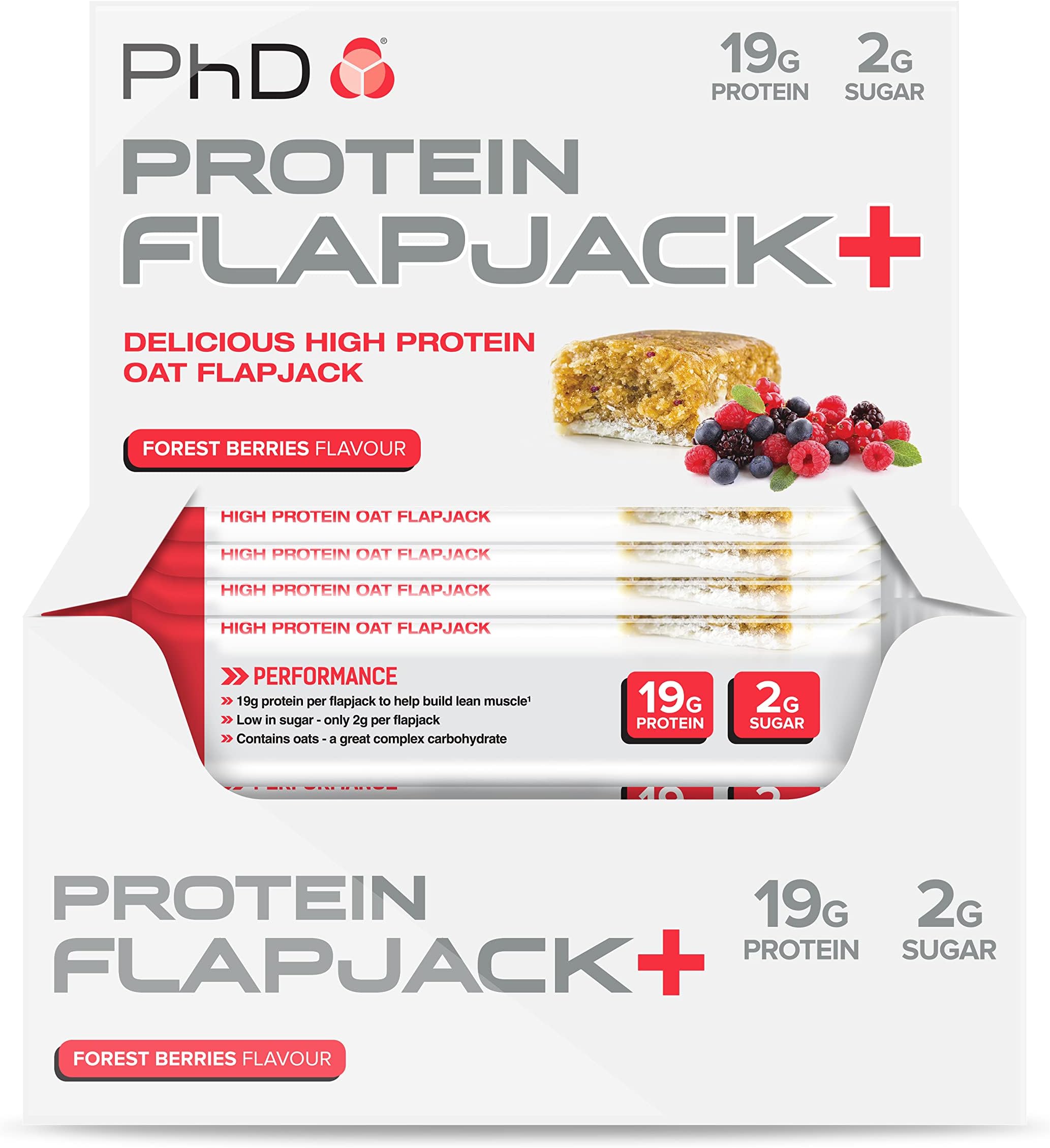 PhD Nutrition | Protein Flapjack+ | High Protein, Low Sugar | Rolled Oats Protein Snack | Complex Carbohydrates and Vitamin E | 19g Protein, 270 Calories | Forest Berries, 12 Bars