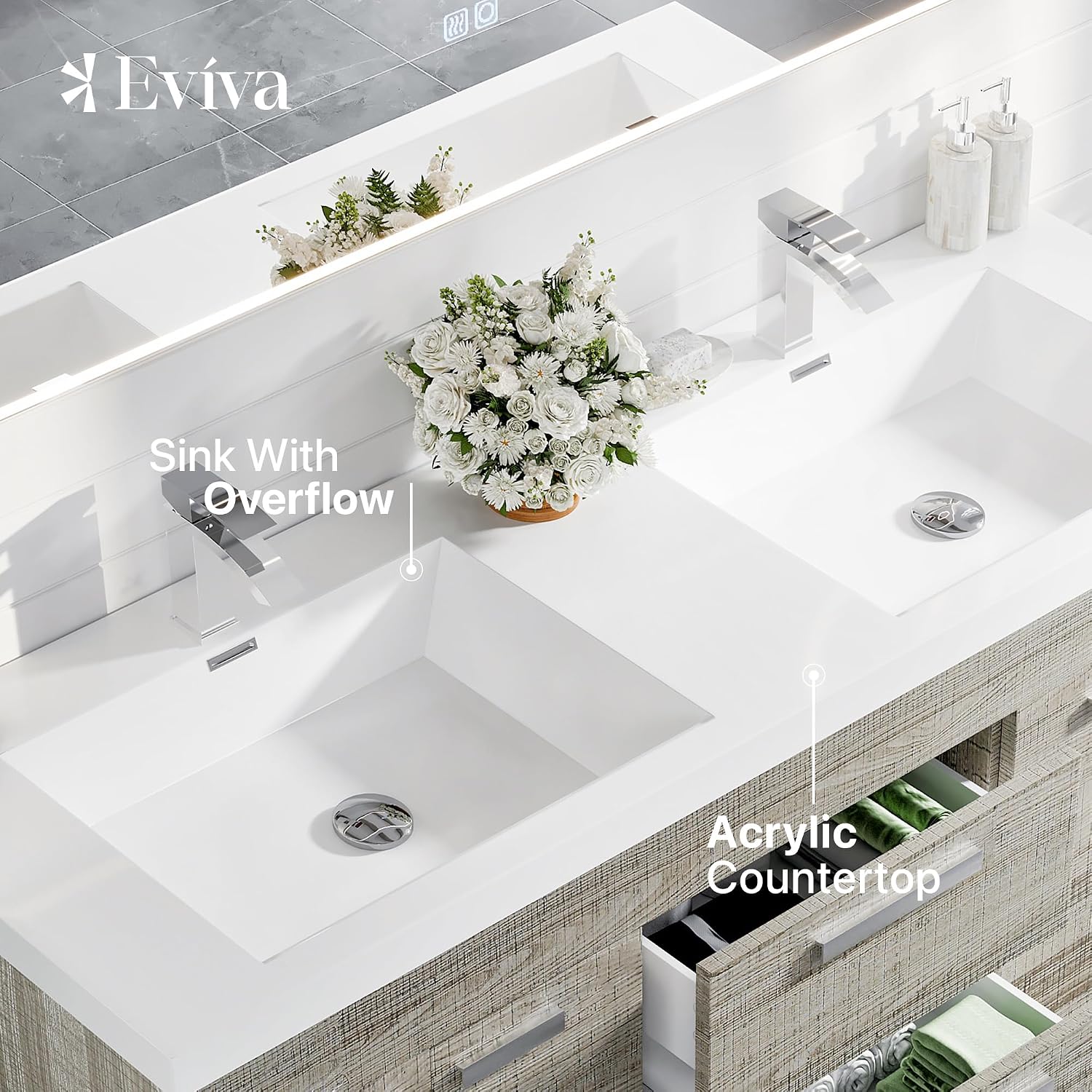 Eviva Lugano 60 inch Ash Double Sink Modern Bathroom Vanity with White Integrated Acrylic Top