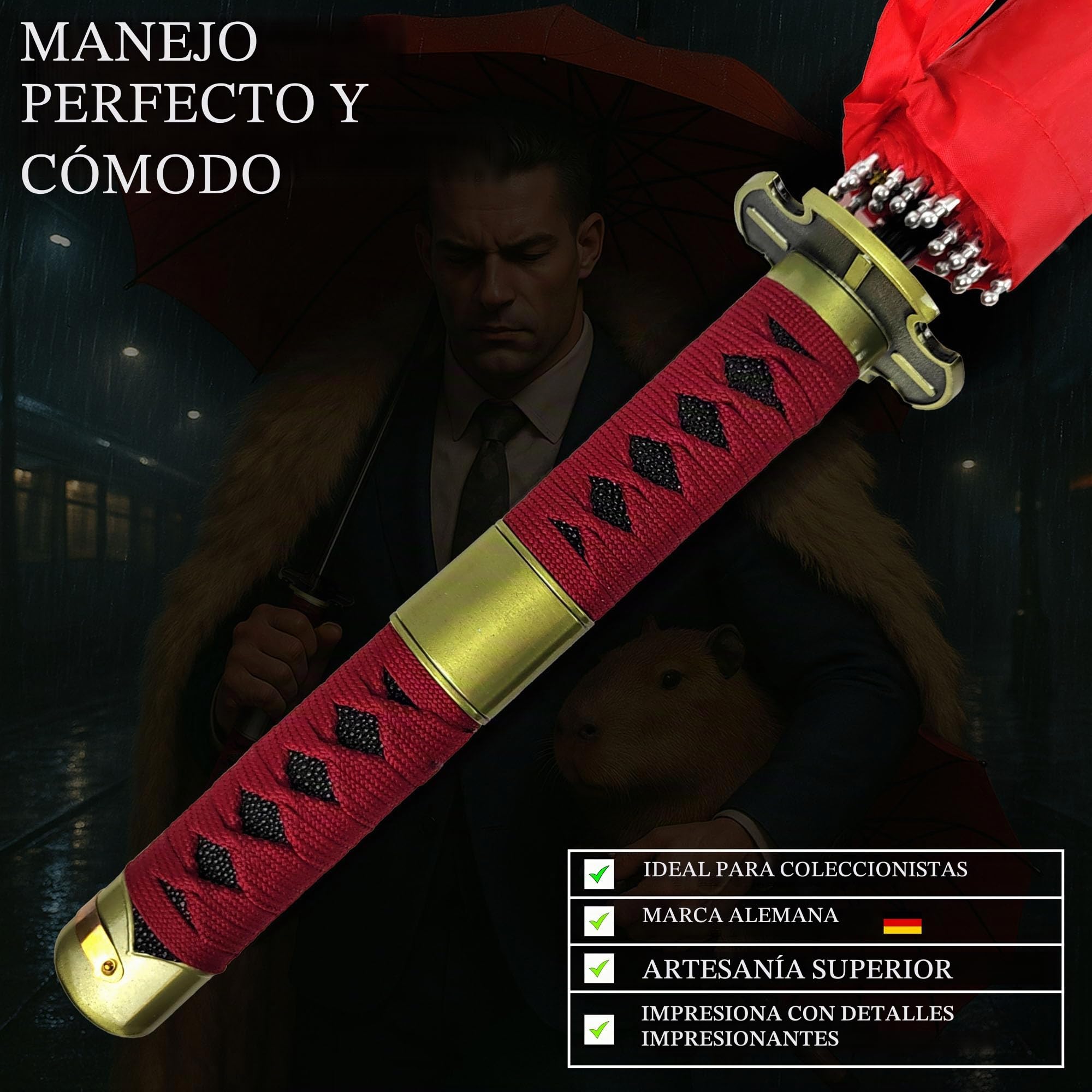 Swords and more Paraguas One Piece, versión premium de 16 K, grande, Katana Samurai, espada, paraguas resistente a las tormentas con mango largo