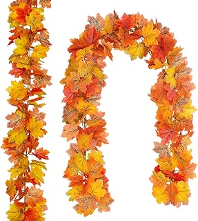 2 Packs 12Ft Fall Garland Maple Leaf, Fall Foliage Garland, Artificial Fall Hanging Garland Vine with Special Pumpkin Sign for Thanksgiving Door Fireplace Party Home Decor