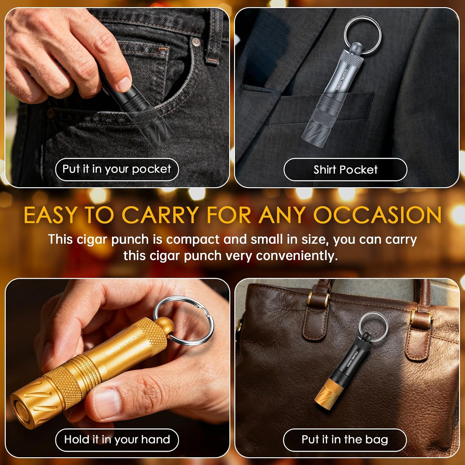 Cigar Punch Cutter Tool 4-in-1 Multifunctional Mini with Nubber, Draw Enhance and Cigar Holder, Portable and Convenient Cigarette Tools with Key chain, Gift for Man (Black)