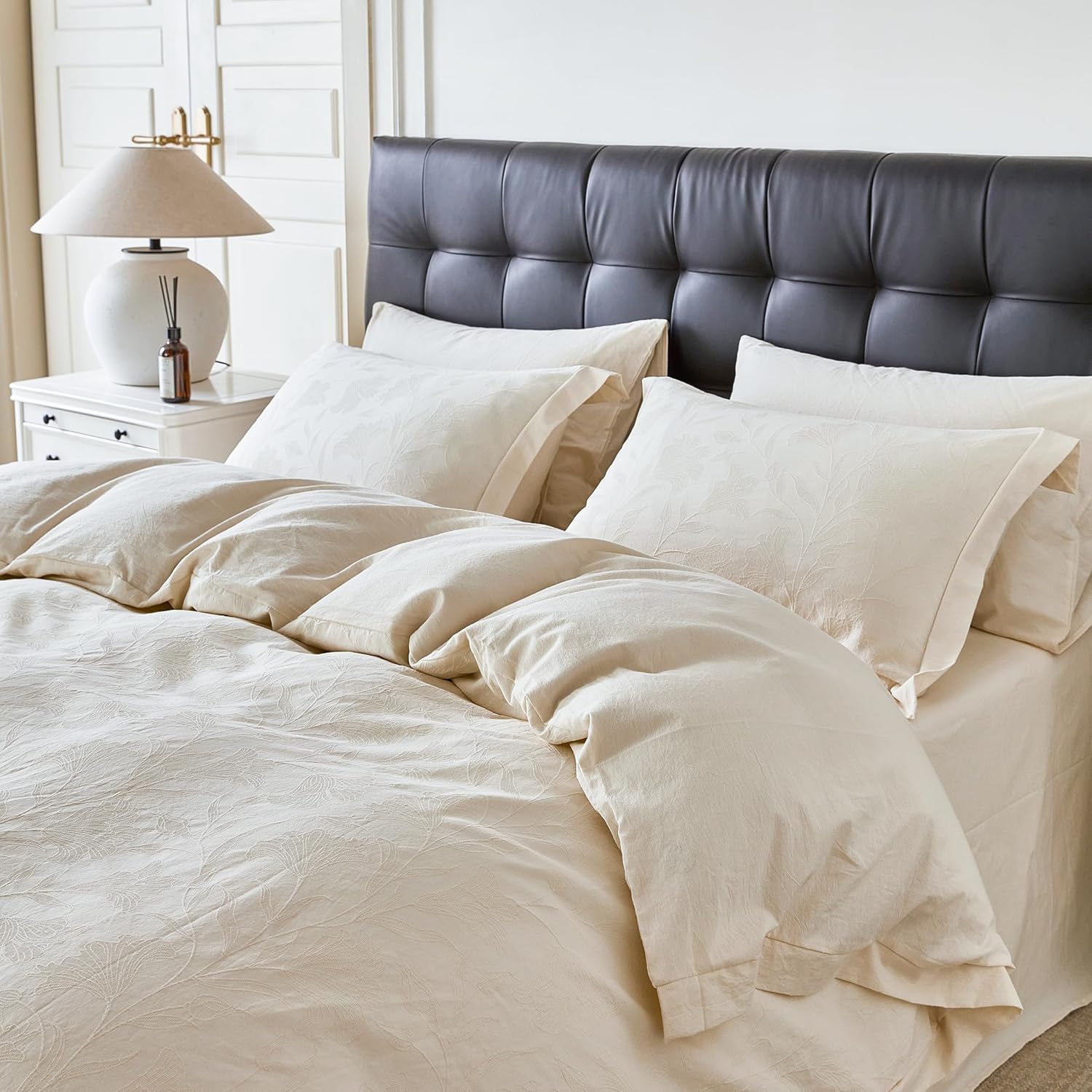 YuHeGuoJi Beige Jacquard Duvet Cover Queen 100% Cotton 3 Pcs Set 1 Textured Lotus Floral Duvet Cover with Zipper Ties 2 Pillow Shams Washed Cotton Cream Yellow Botanical Wide Trim Bedding Set