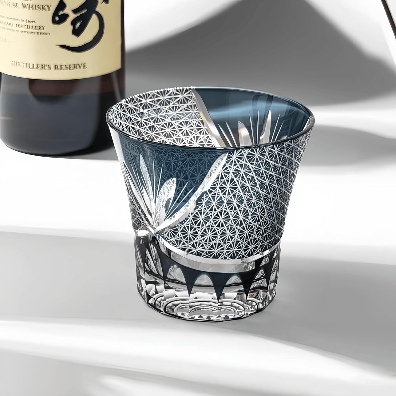 Kazeokoi Glass Edo Kiriko Hand Cut Crystal Whiskey Glasses, Geometric Star Pattern, 250ml Set of 2 with Coaster